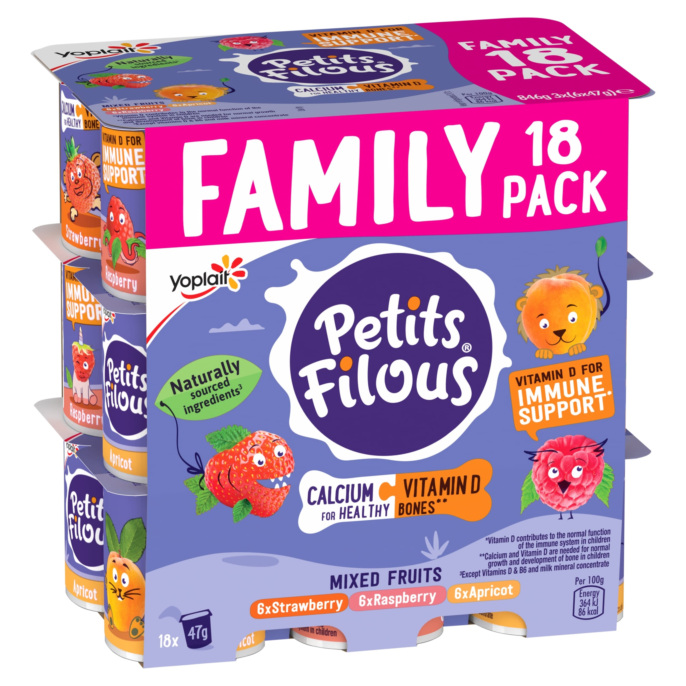 Petits Filous Strawberry Raspberry & Apricot Kids Yoghurt Pots Multipack 18x47g thumbnail 2