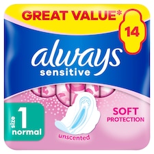Always Sensitive Normal Size 1 Sanitary Towels With Wings 14 Pack