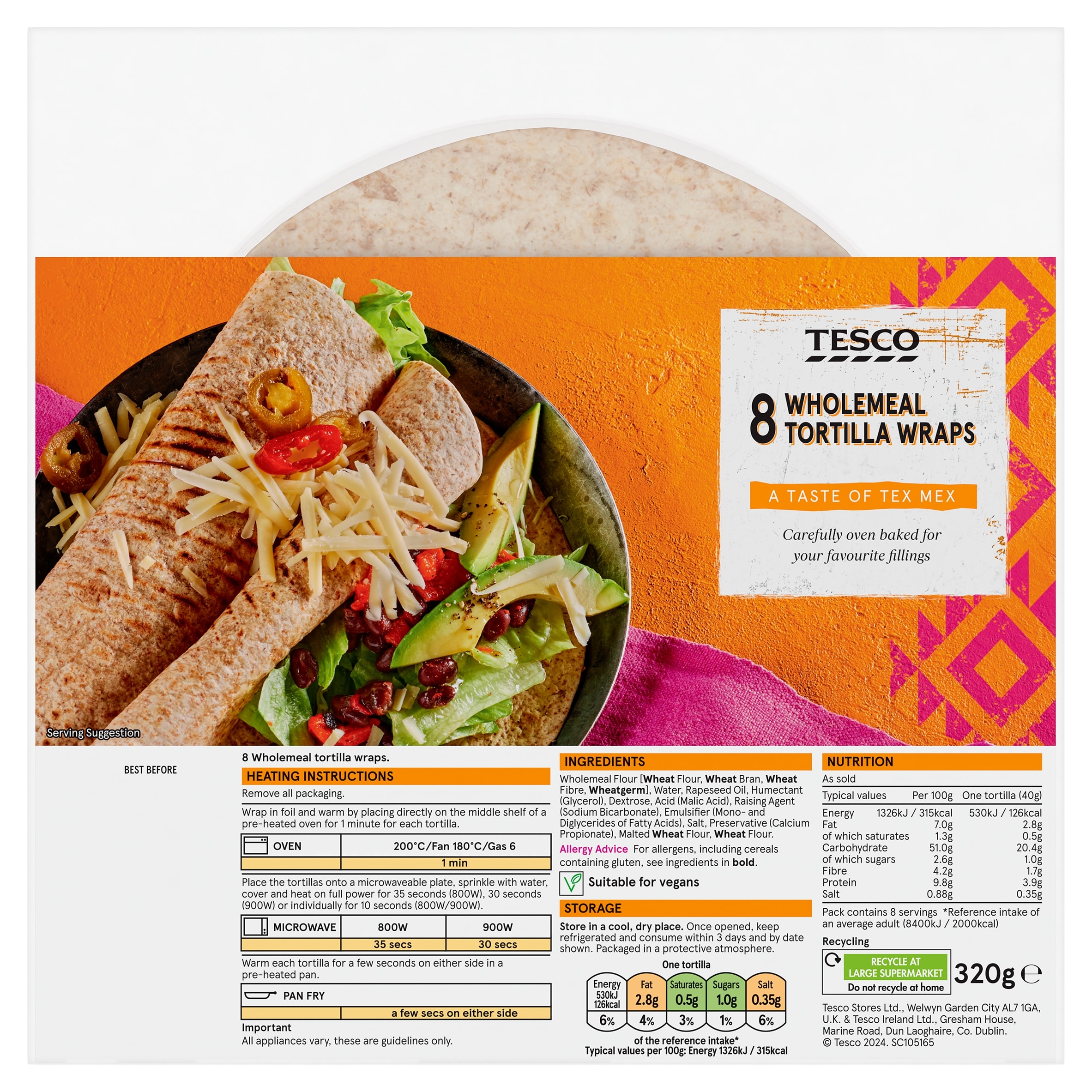 Tesco Wholemeal Tortilla Wraps 8 Pack 320g