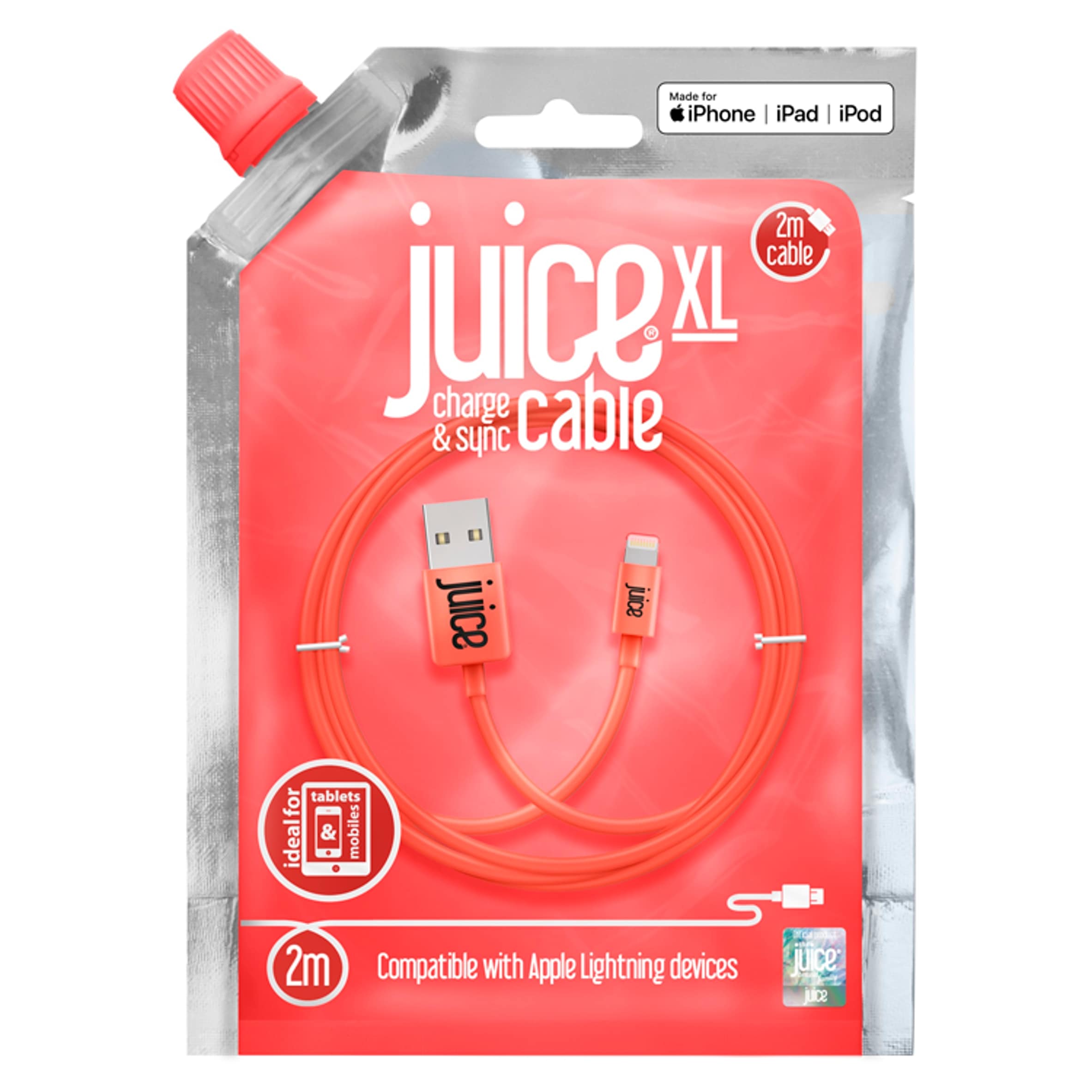 Juice Apple Lightning USB iPhone Charger Cable 2M Coral