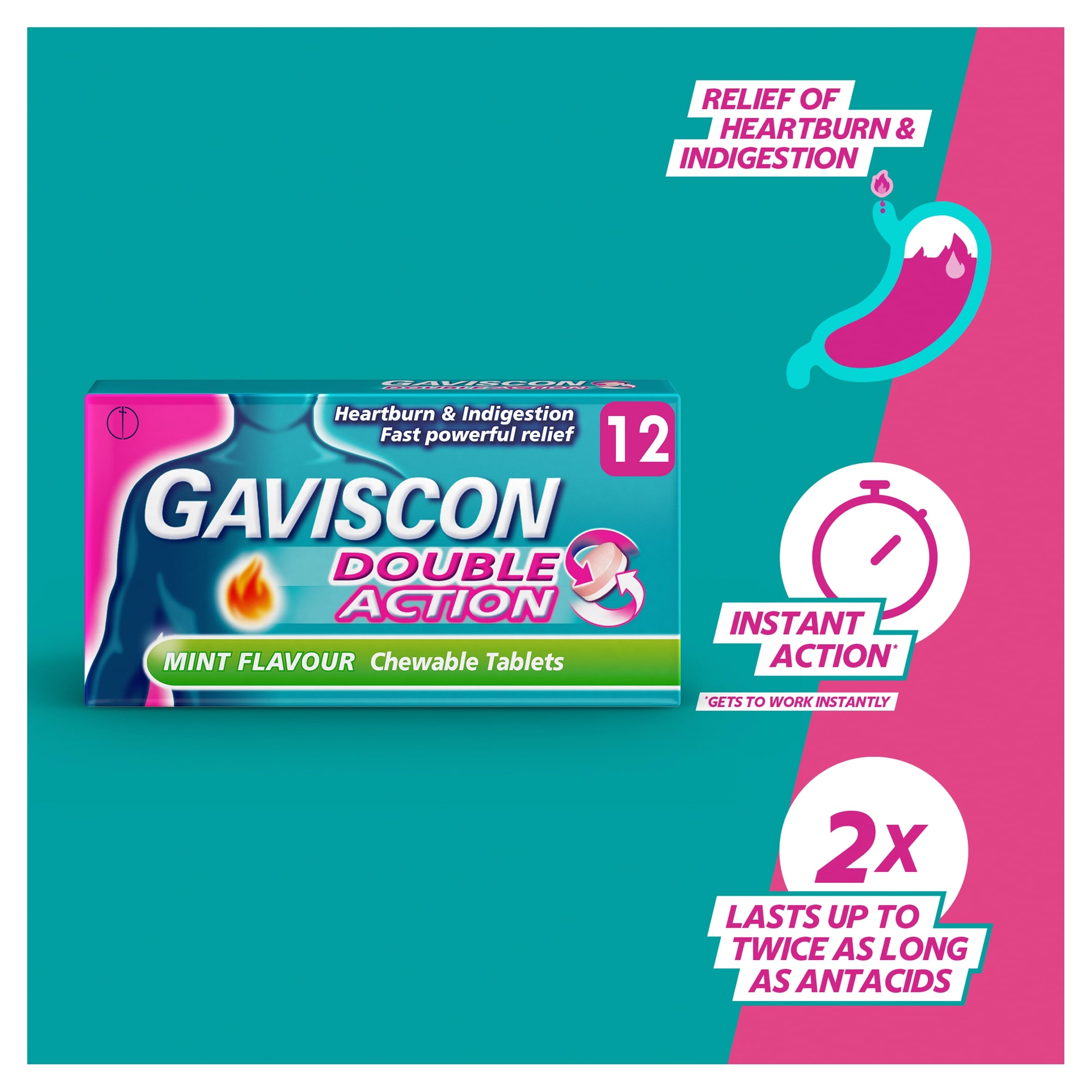 Gaviscon Double Action Mint Heartburn & Indigestion Chewable Tablets 12s thumbnail 2