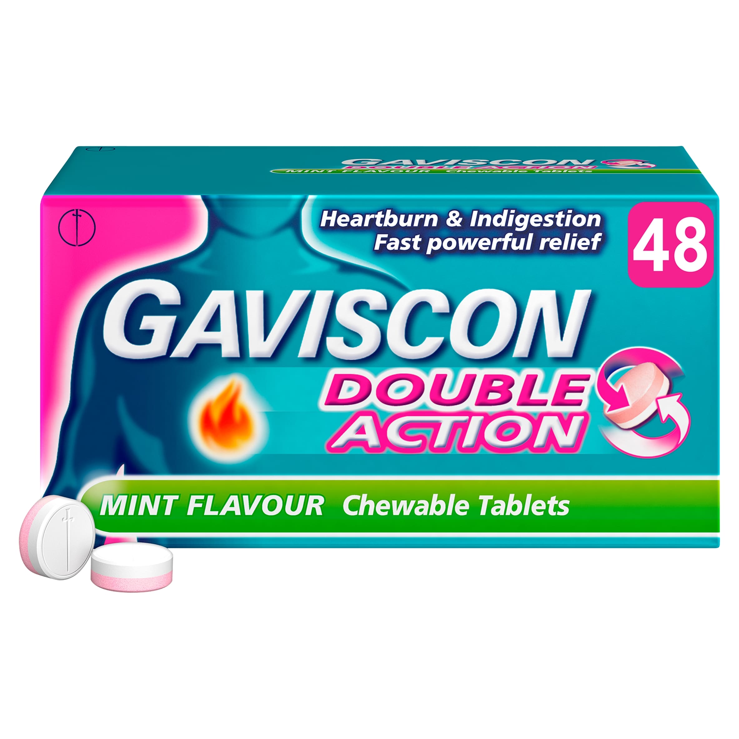 Gaviscon Double Action Mint Heartburn & Indigestion Chewable Tablets 48s