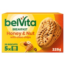 Belvita Breakfast Honey & Nut with Chocolate Chip Cereal Biscuit Snack Bars Pack 5 x 45g