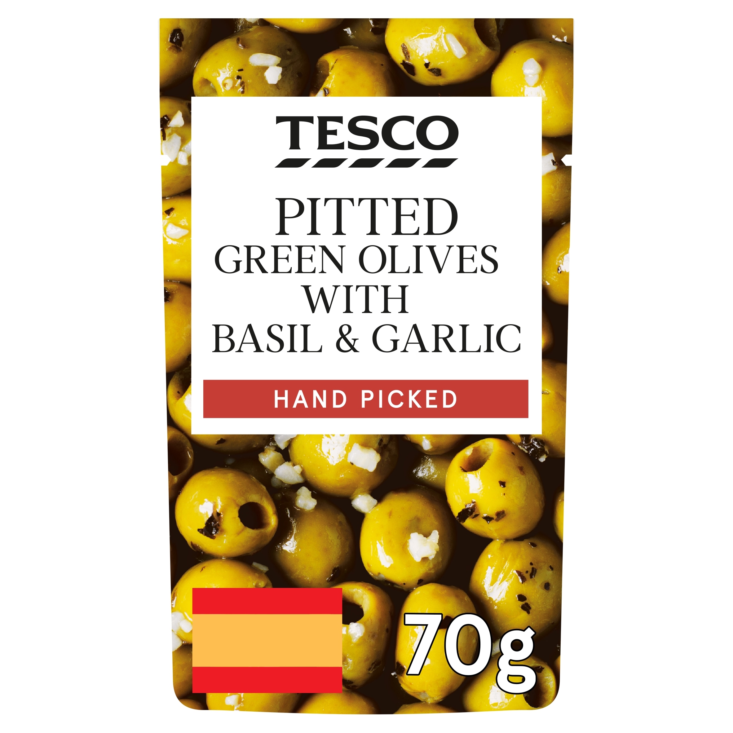 Tesco Pitted Green Olives Basil&Garlic 70G