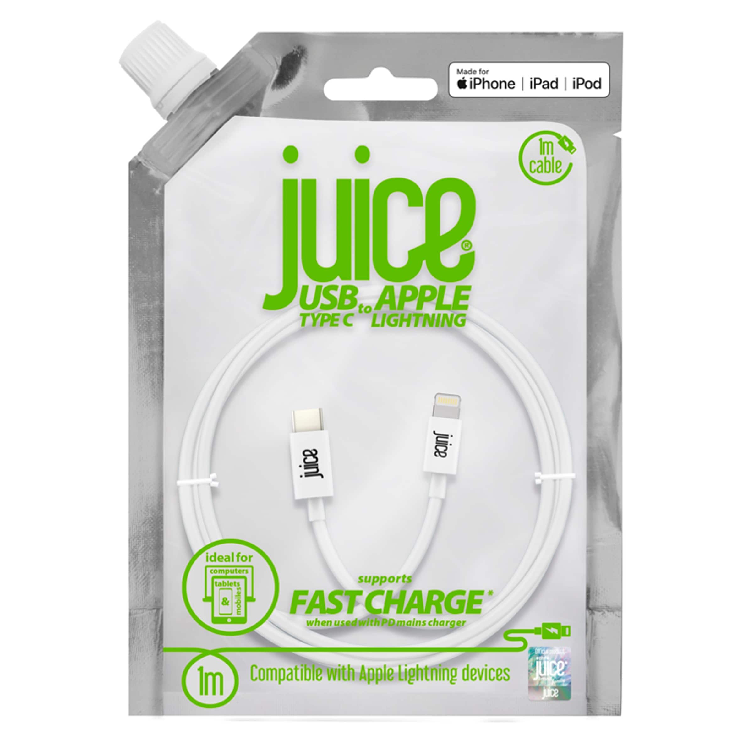 Juice USB C to Apple Lightning USB iPhone Charger Cable 1M White