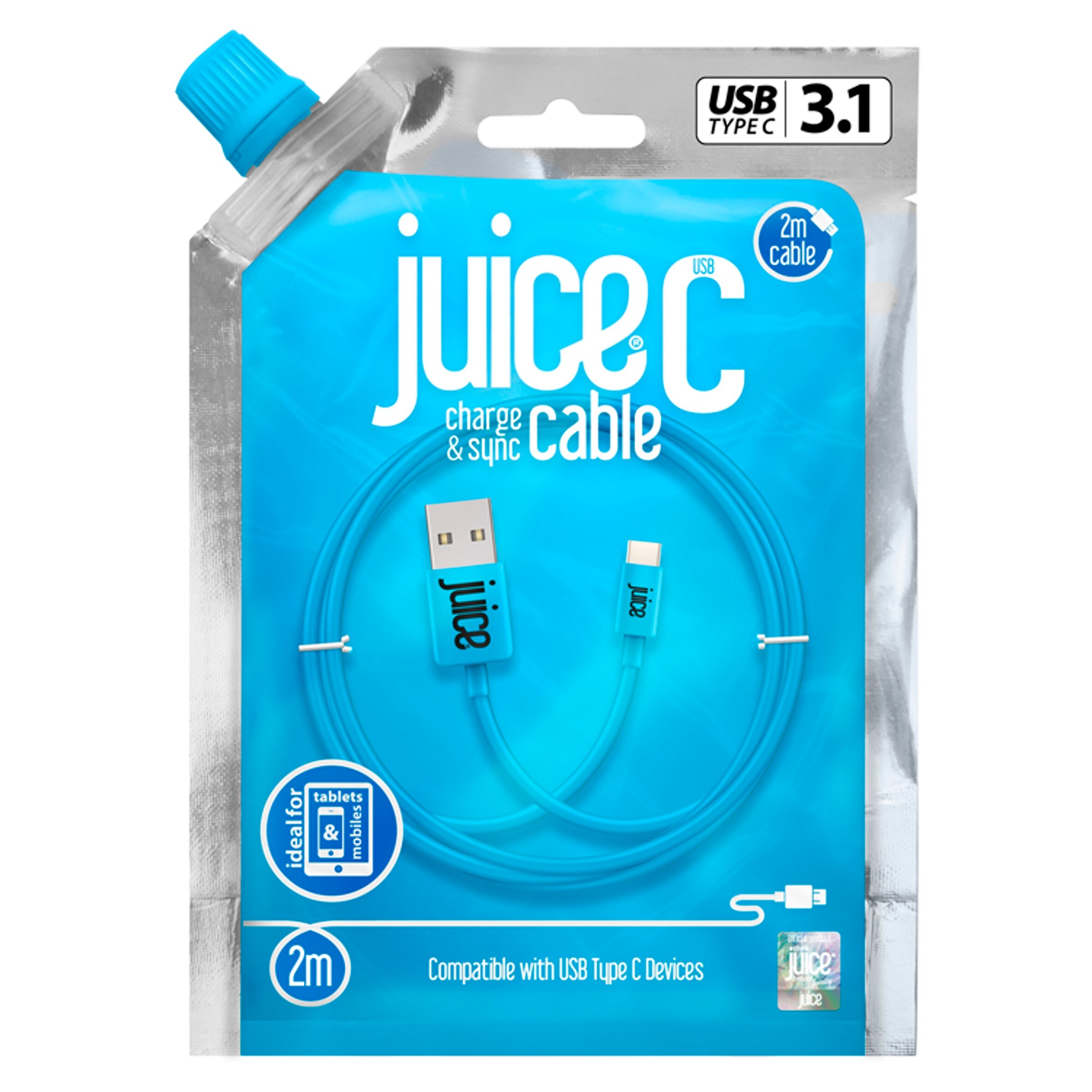 Juice USB C Phone Charger Cable 2M Aqua