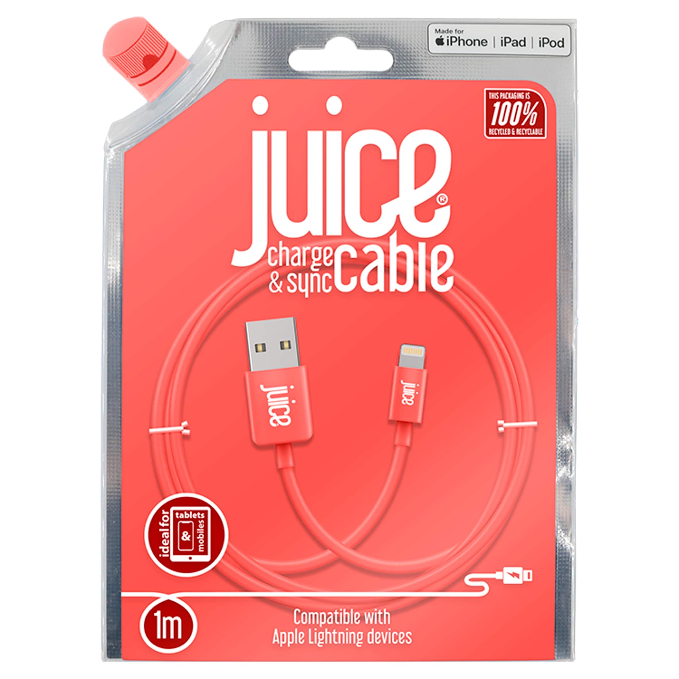 Juice Apple Lightning USB iPhone Charger Cable 1M Coral