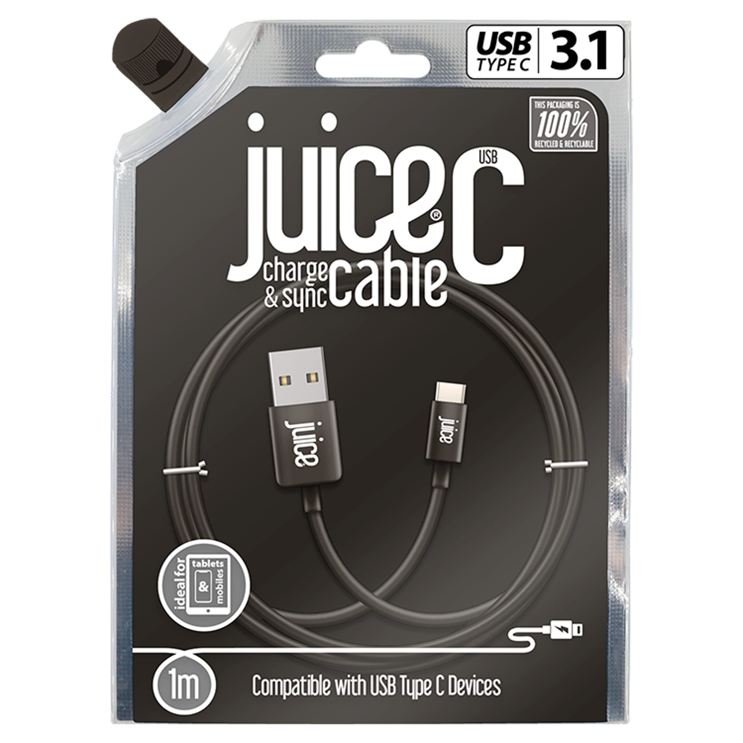 Juice USB C Phone Charger Cable 1M Black