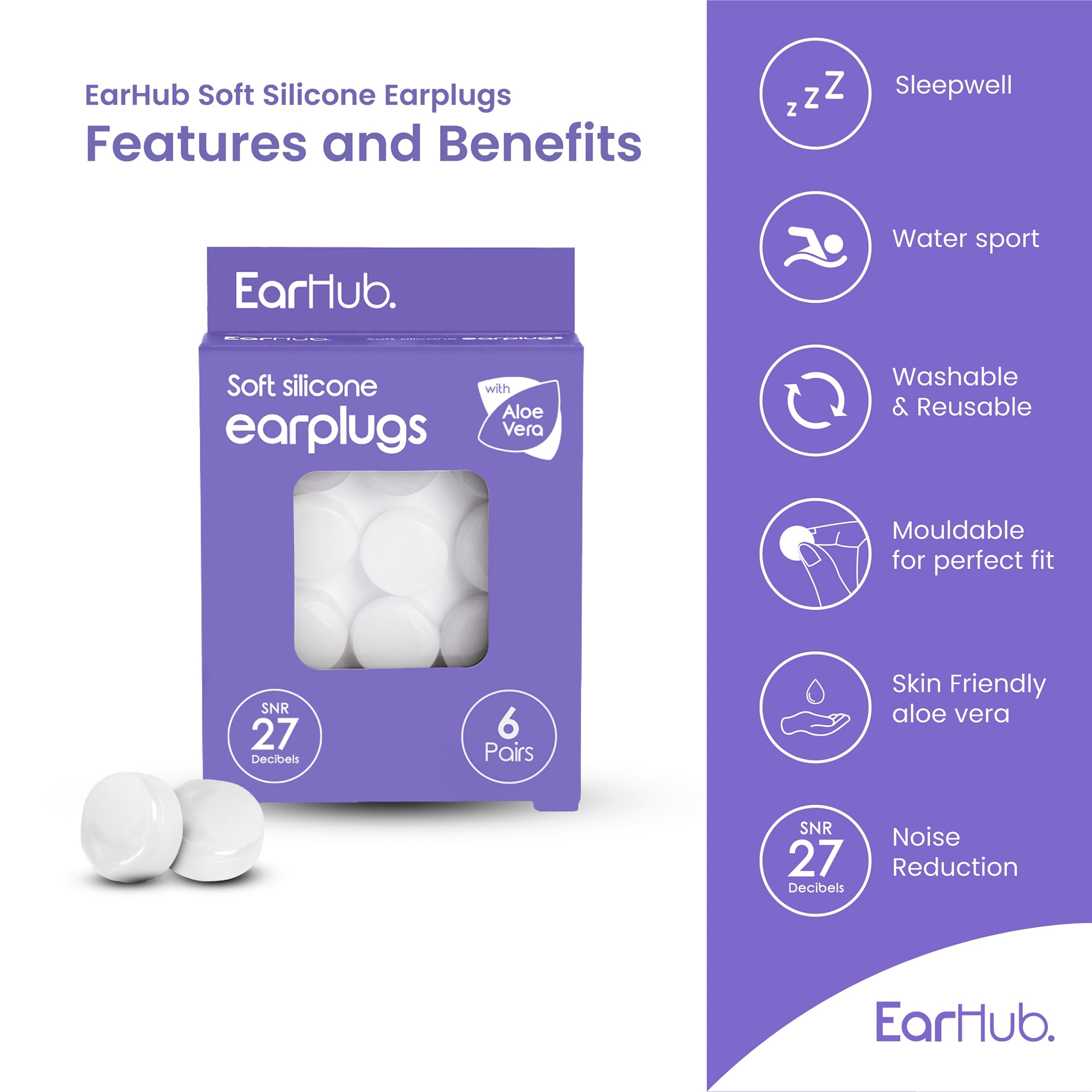EarHub Sleepwell Soft Silicone Earplugs with Aloe Vera 6 Pairs thumbnail 2