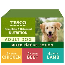 Tesco Adult Dog Food Pate Selection Chicken, Beef & Lamb 12X150g