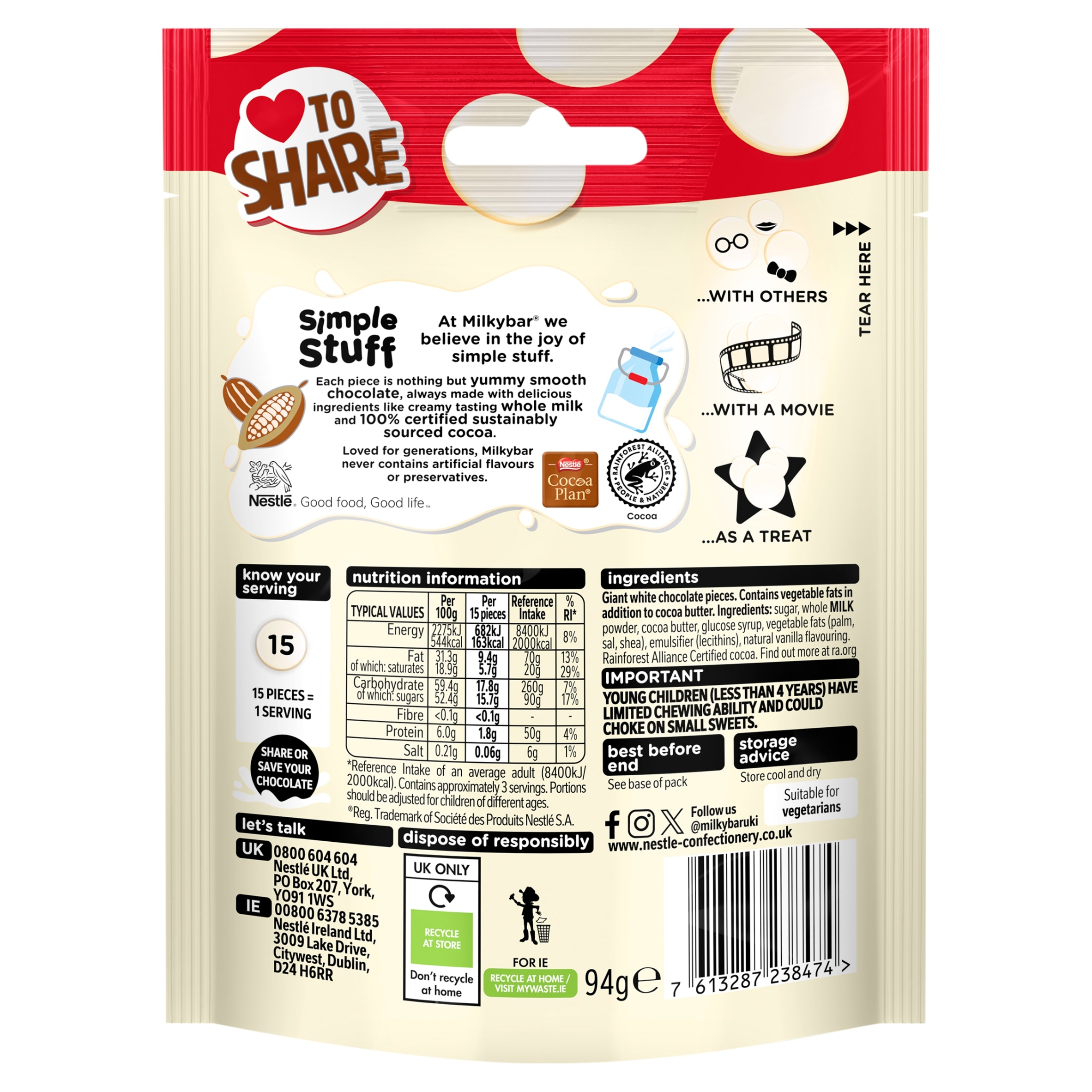 Milkybar White Chocolate Giant Buttons Sharing Bag 94g thumbnail 3