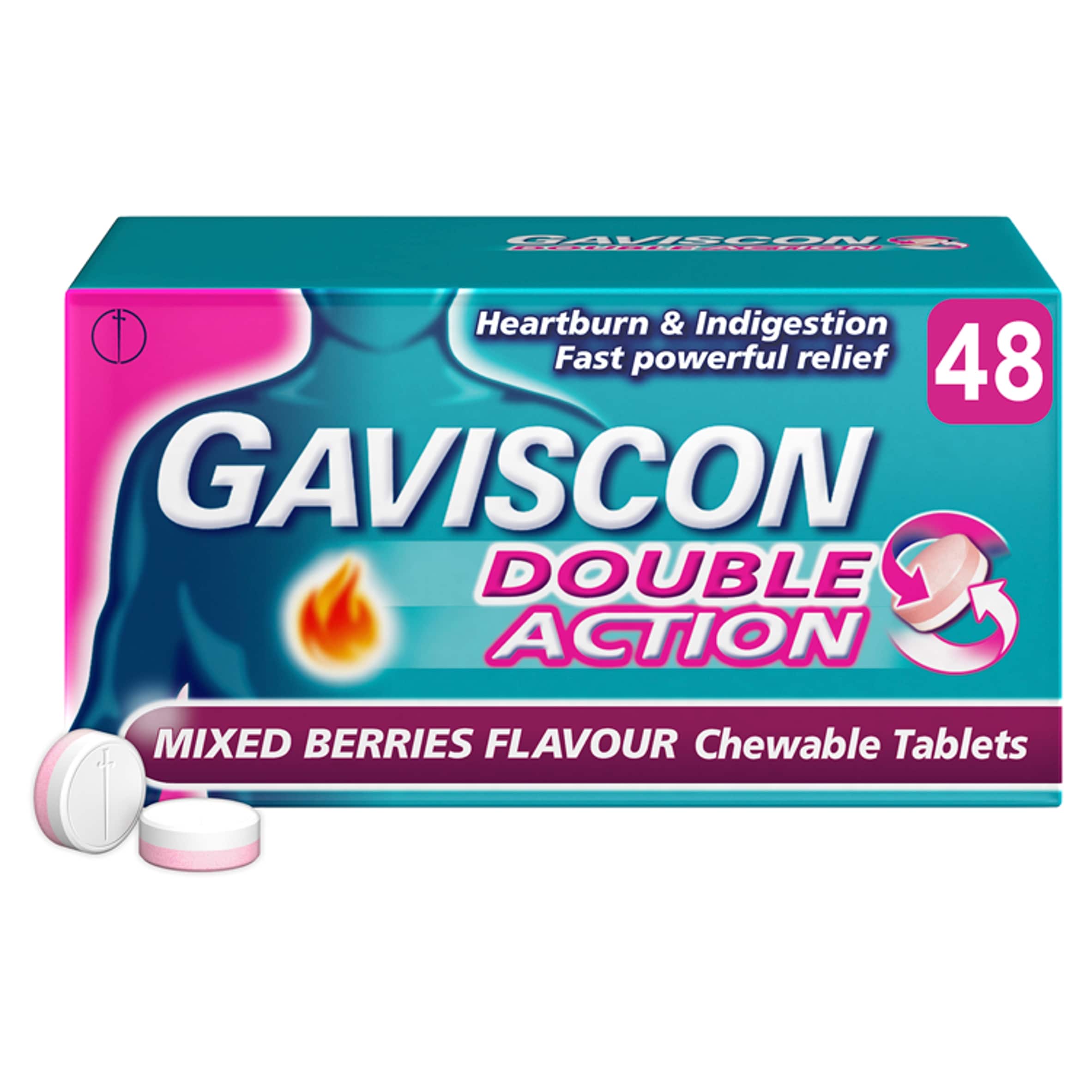 Gaviscon Double Action Mixed Berries Chewable Heartburn & Indigestion Tablets 48s