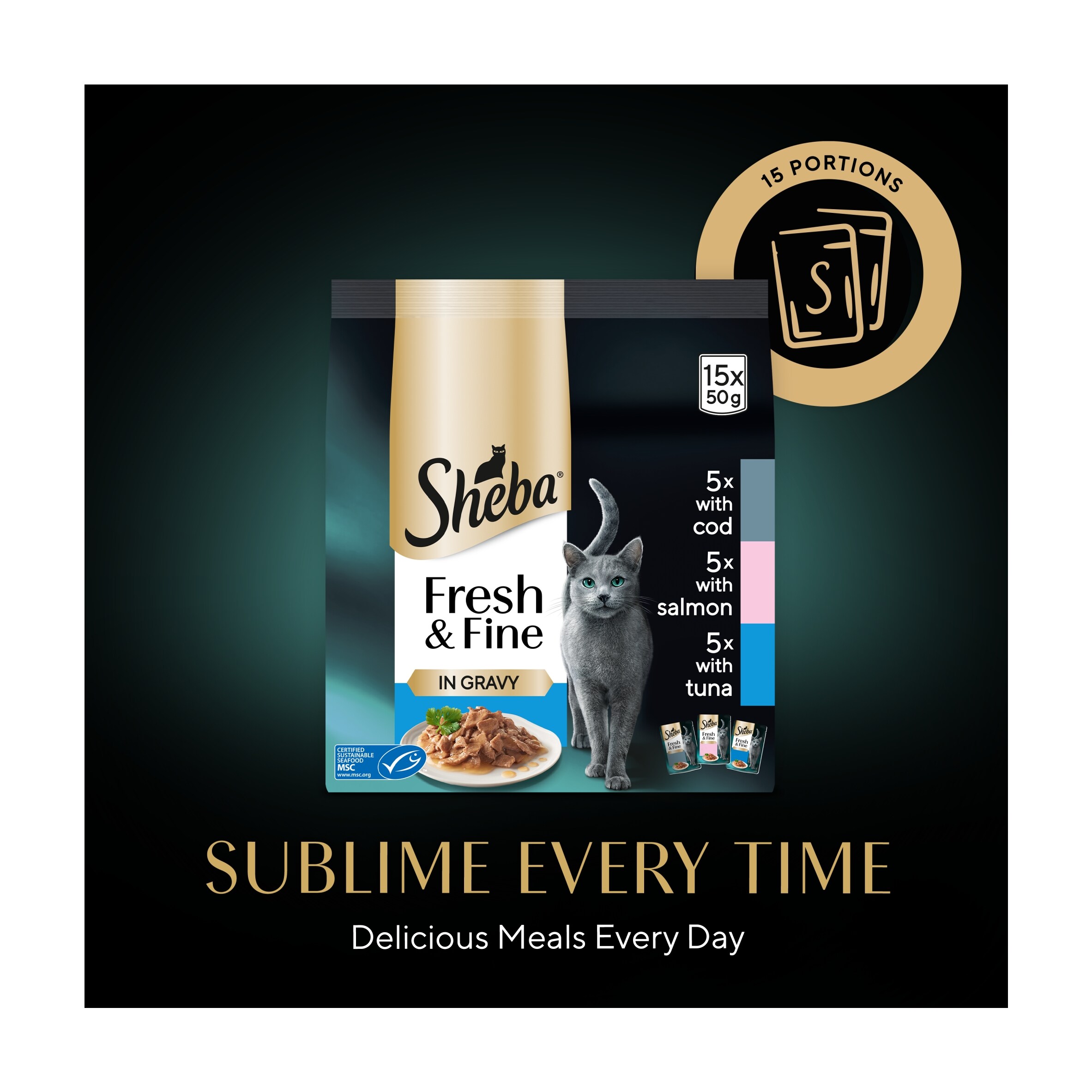 Sheba Fresh & Fine Wet Cat Food Pouches Fish in Gravy 15x50g thumbnail 4
