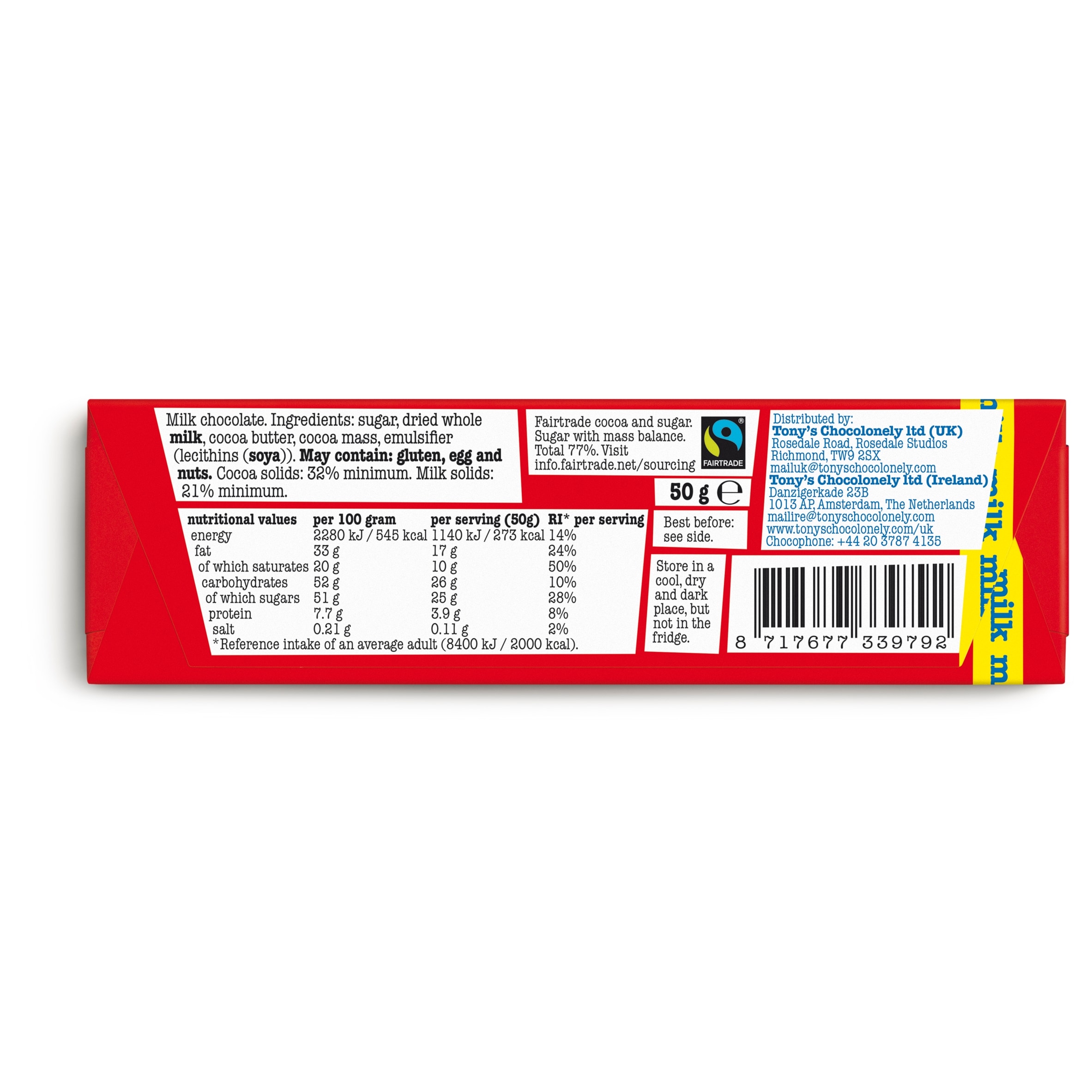 Tonys Chocolonely Milk Chocolate Bar 50G thumbnail 2