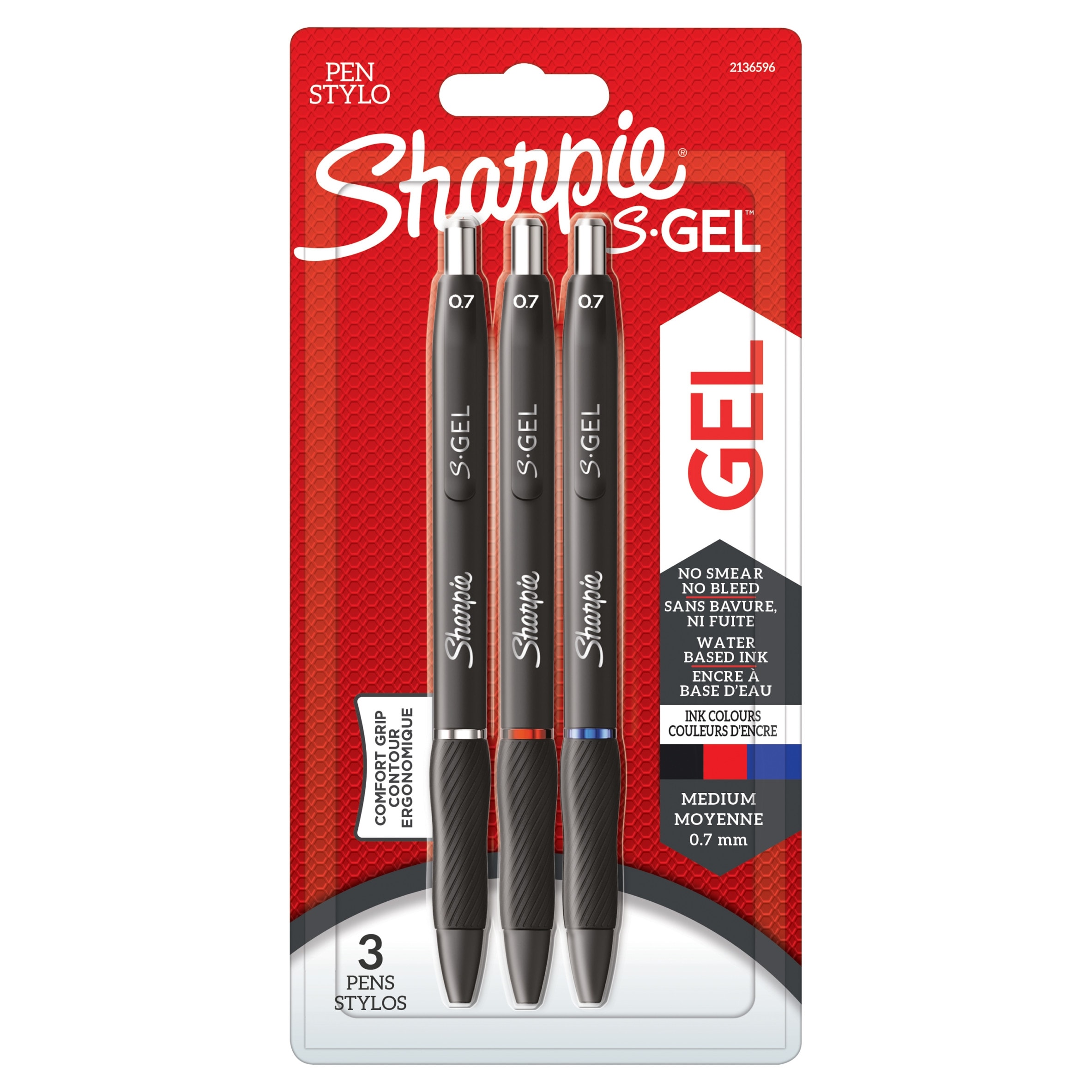 Sharpie S-Gel Gel Pens, Black, Red & Blue Ink, 3 Count