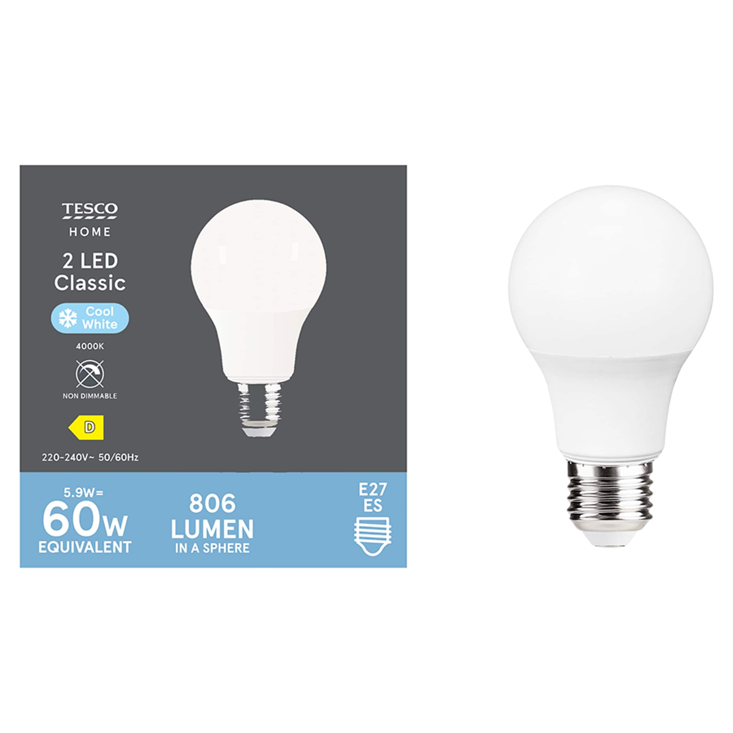 Tesco Led Classic 60W Edison Screw Cool White 2 Pack