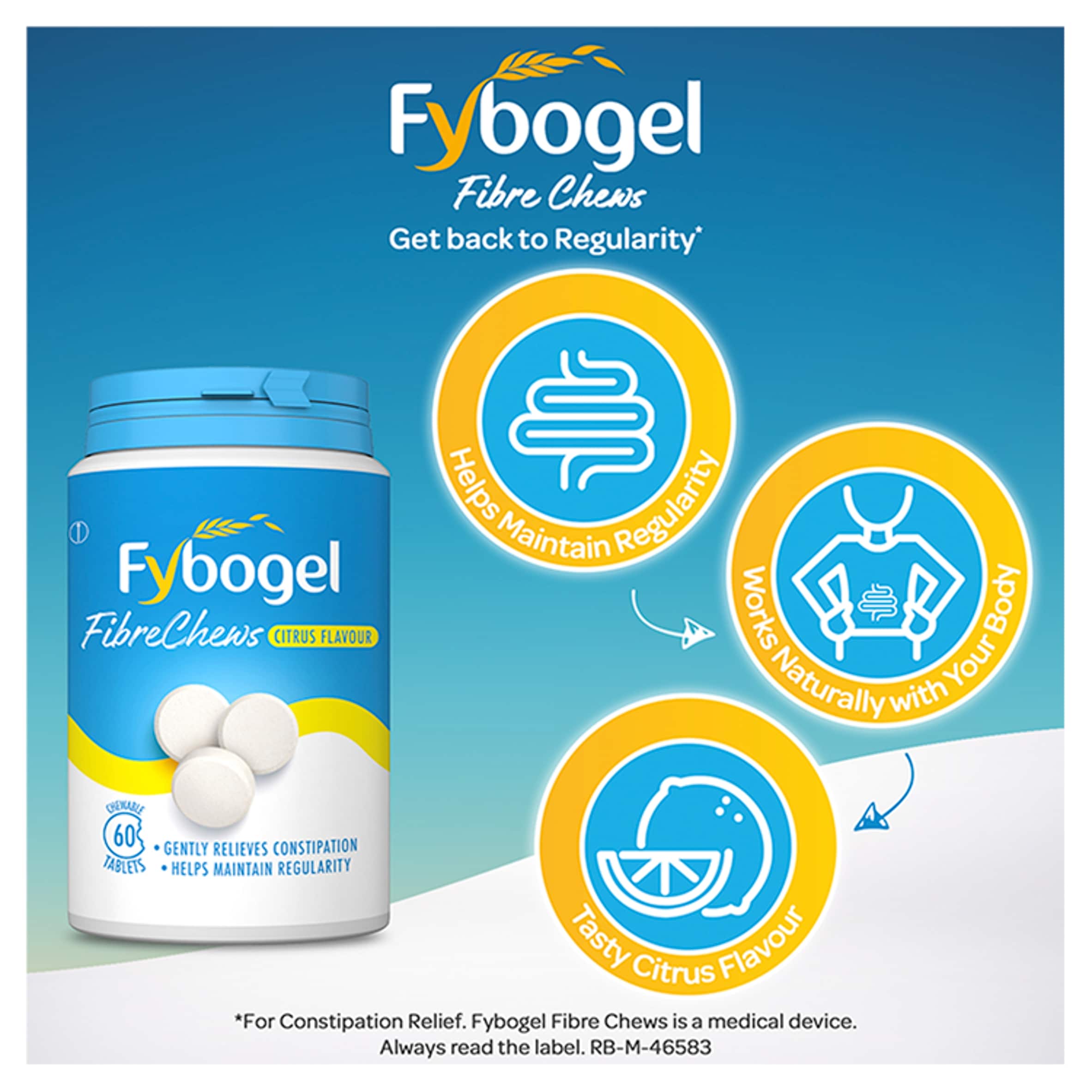 Fybogel Fibre Chews Citrus - Fiber Supplement & Constipation Relief Tablets 60s thumbnail 2