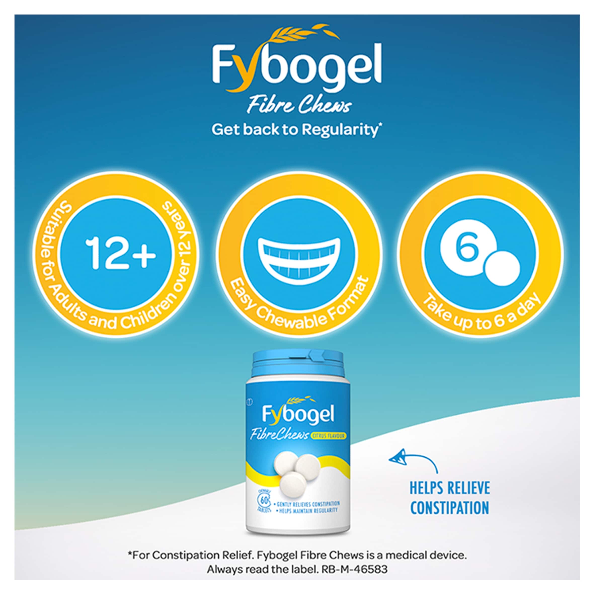 Fybogel Fibre Chews Citrus - Fiber Supplement & Constipation Relief Tablets 60s thumbnail 3
