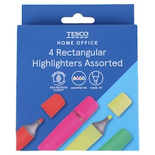 Tesco Rectangular Highlighters Asstd 4 Pack
