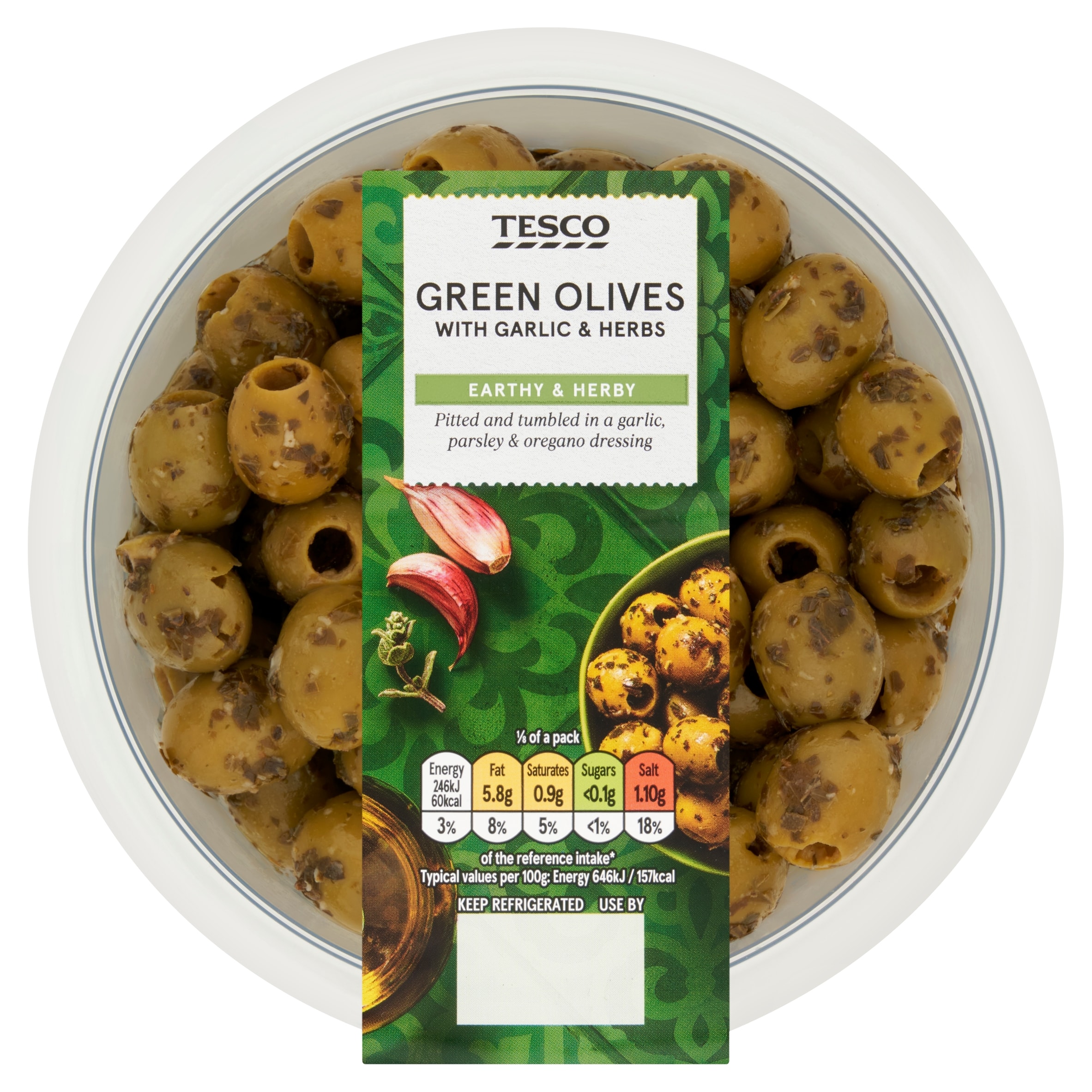 Tesco Green Olives With Garlic & Herbs 300G