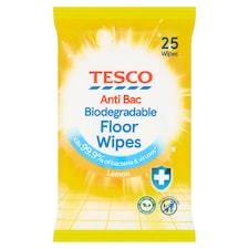 Tesco Antibacterial Biodegradable Floor Wipes Lemon 25'S