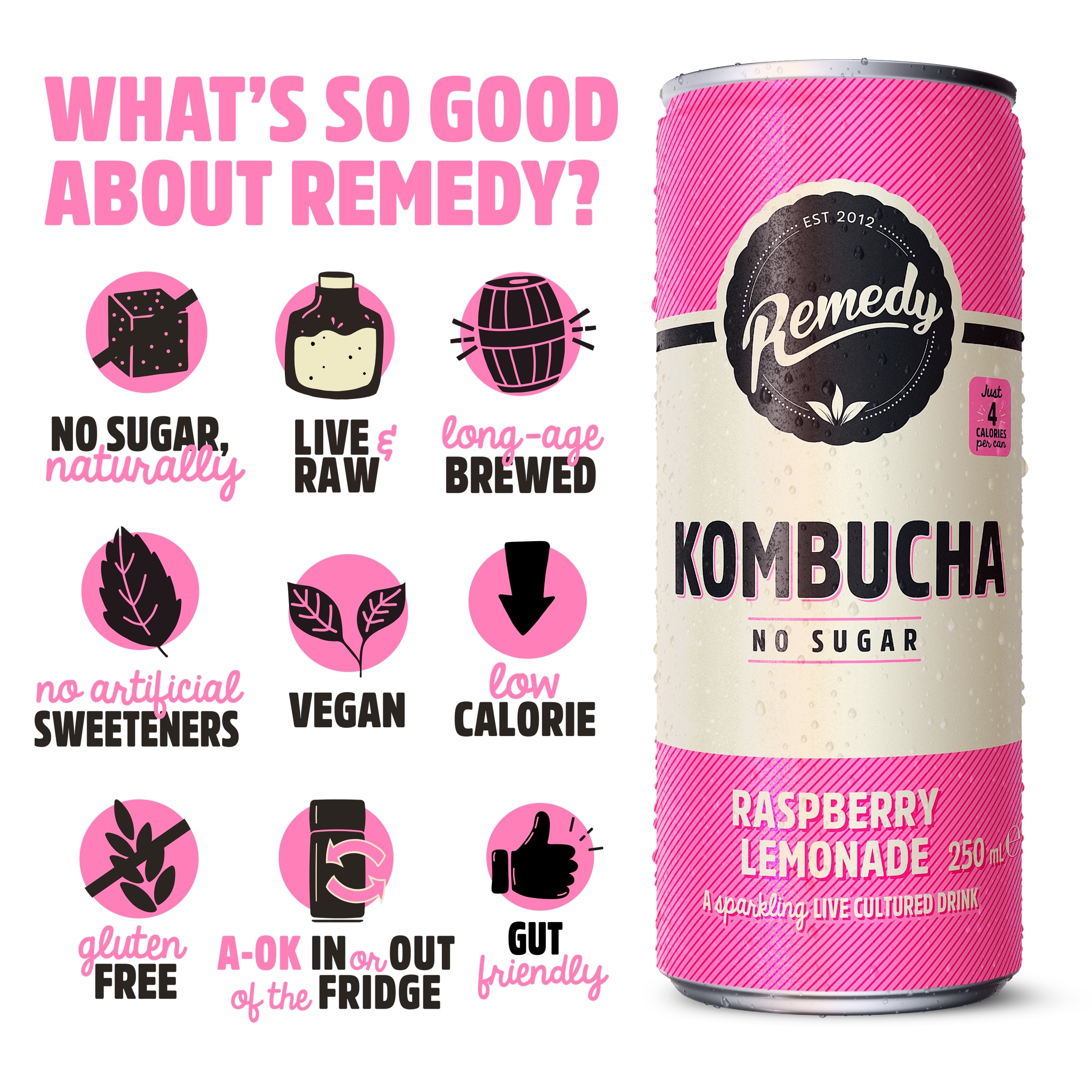 Remedy Kombucha Raspberry Lemonade Sugar Free 250Ml thumbnail 2