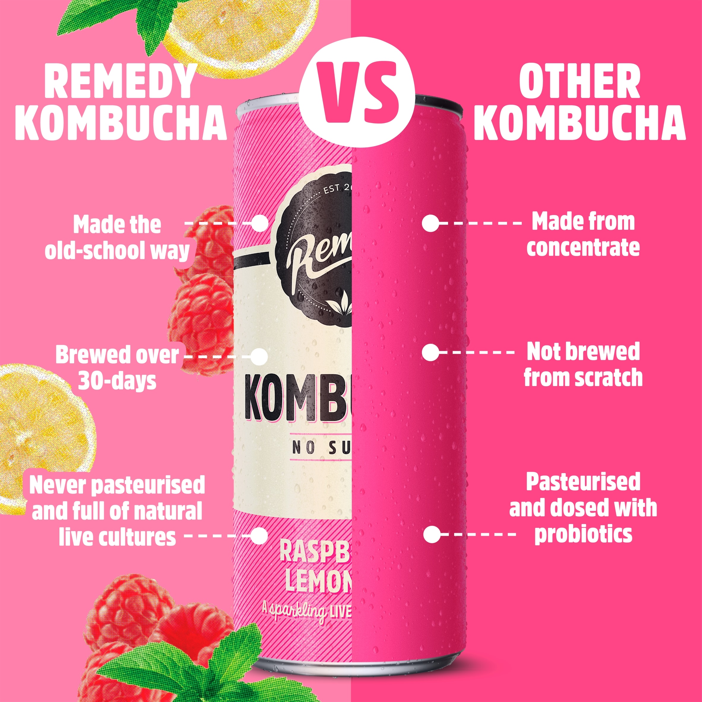 Remedy Kombucha Raspberry Lemonade Sugar Free 250Ml thumbnail 4