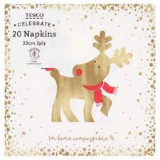 Tesco Flitter Reindeer Christmas Napkins 33cm 3Ply 20 Pack
