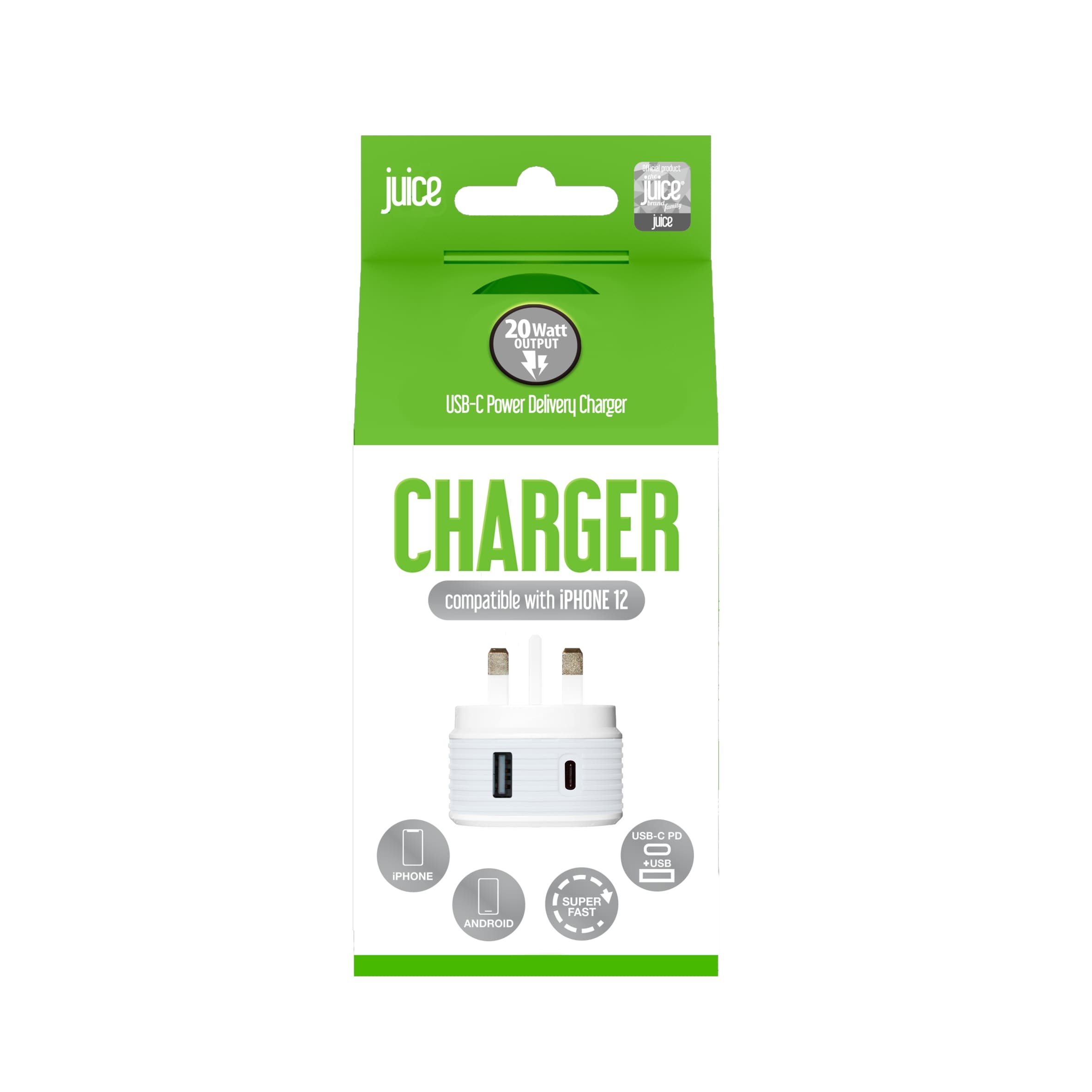 Juice 20W Dual Port USB C and USB A Mains Home Phone Charger Plug White