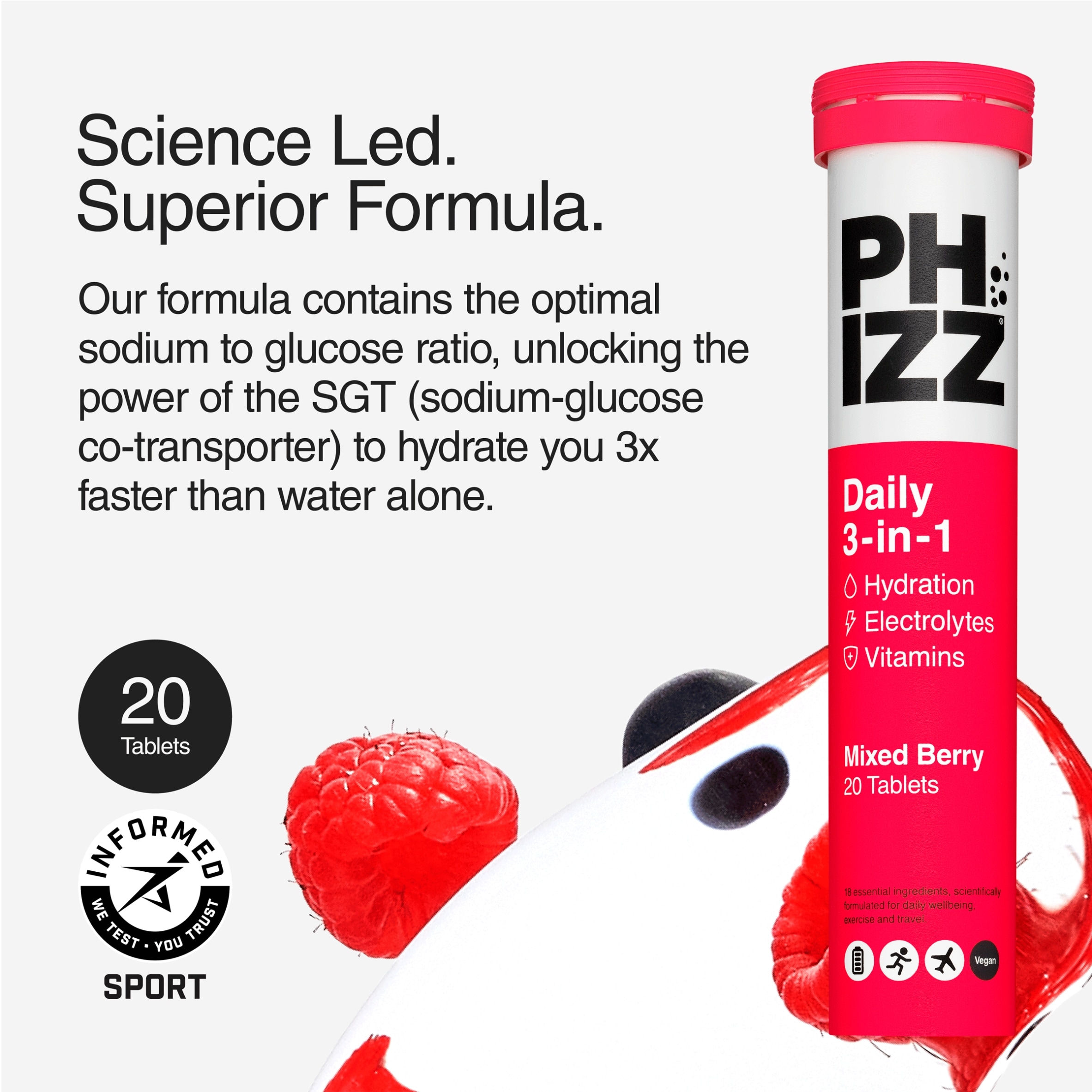 Phizz Daily 3-in-1 Mixed Berry Hydration, Electrolytes & Vitamins Effervescent Tablets x20 thumbnail 3