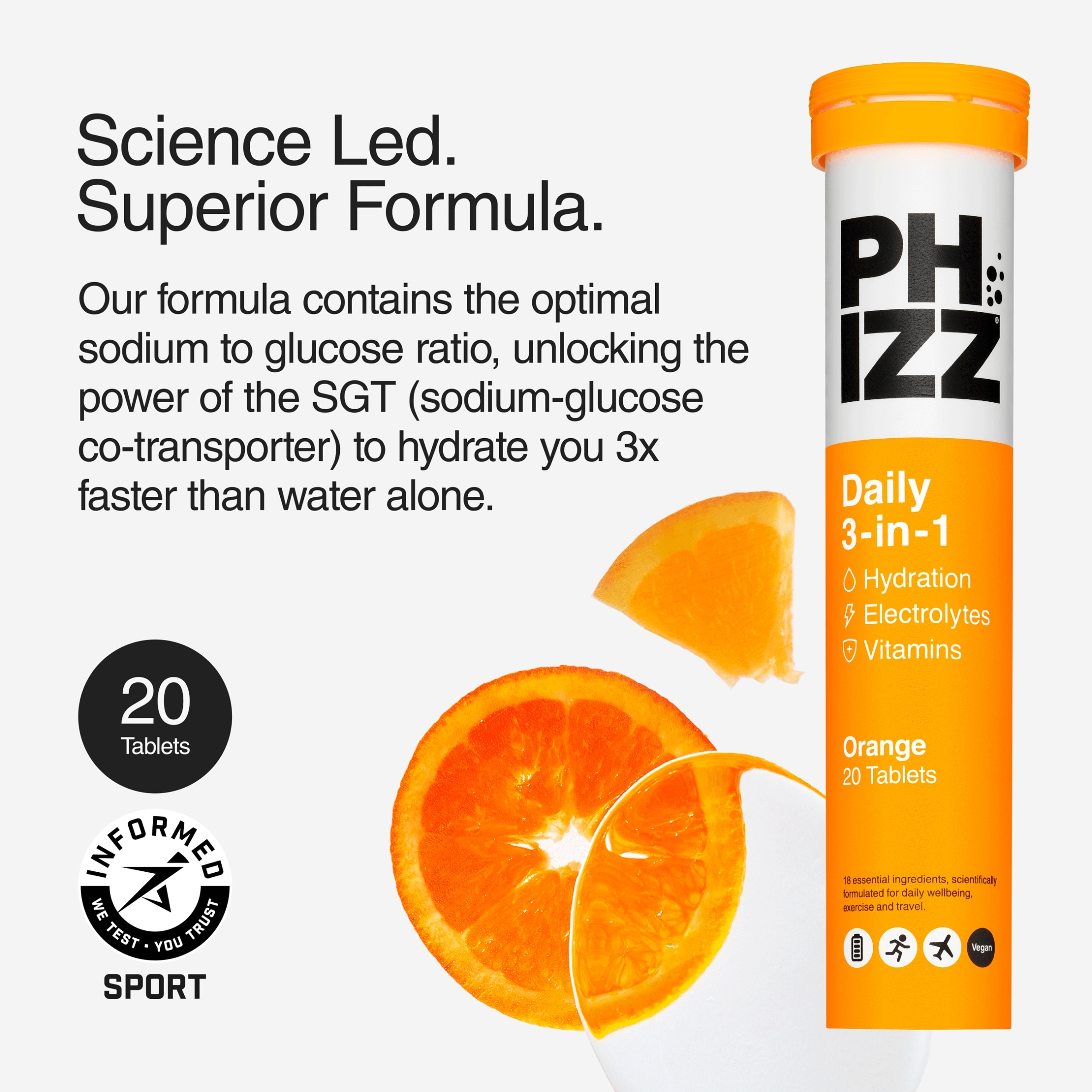 Phizz Daily 3-in-1 Orange Hydration, Electrolytes & Vitamins Effervescent Tablets x20 thumbnail 3