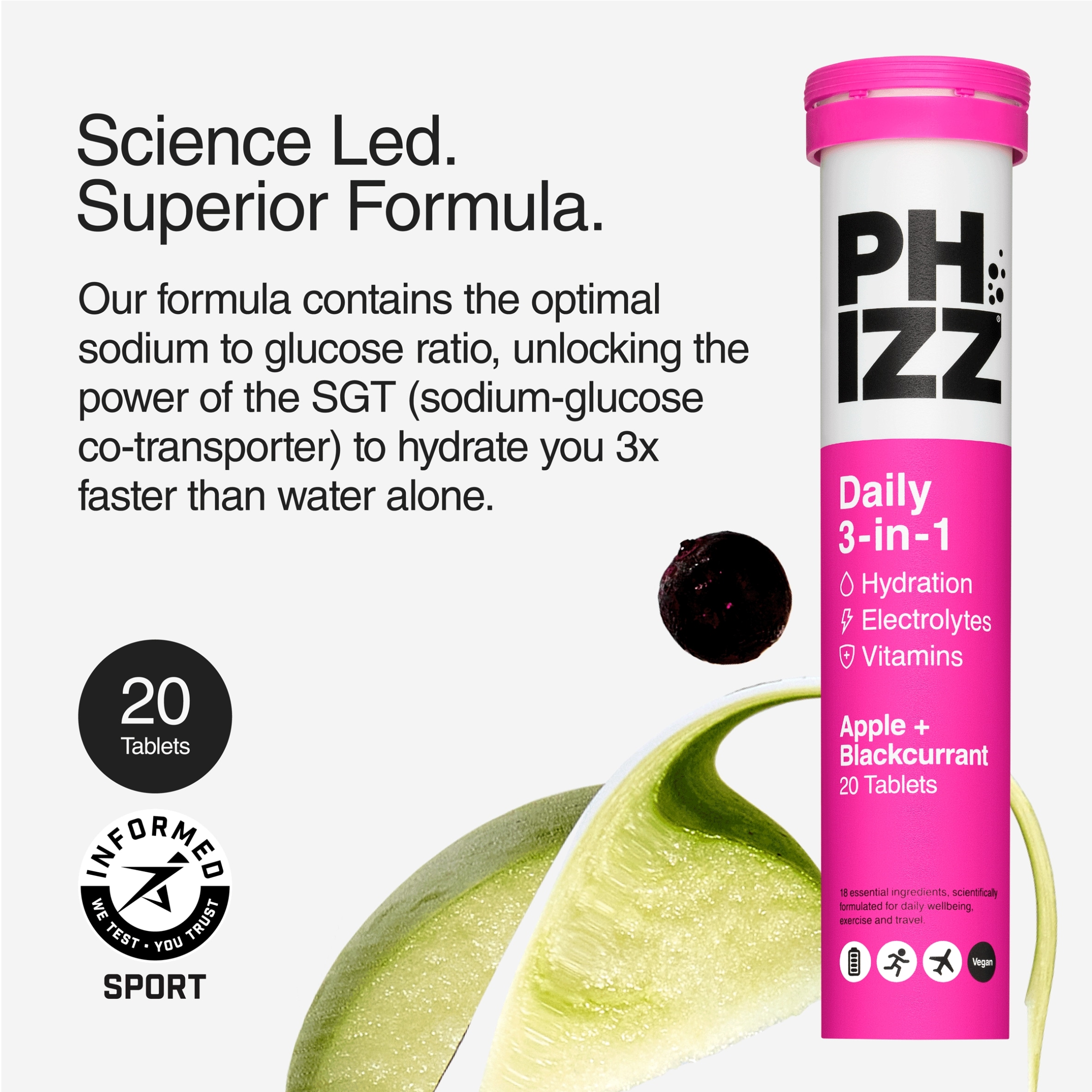 Phizz Daily 3-in-1 Apple + Blackcurrant Hydration, Electrolytes & Vitamins Effervescent Tablets x20 thumbnail 3