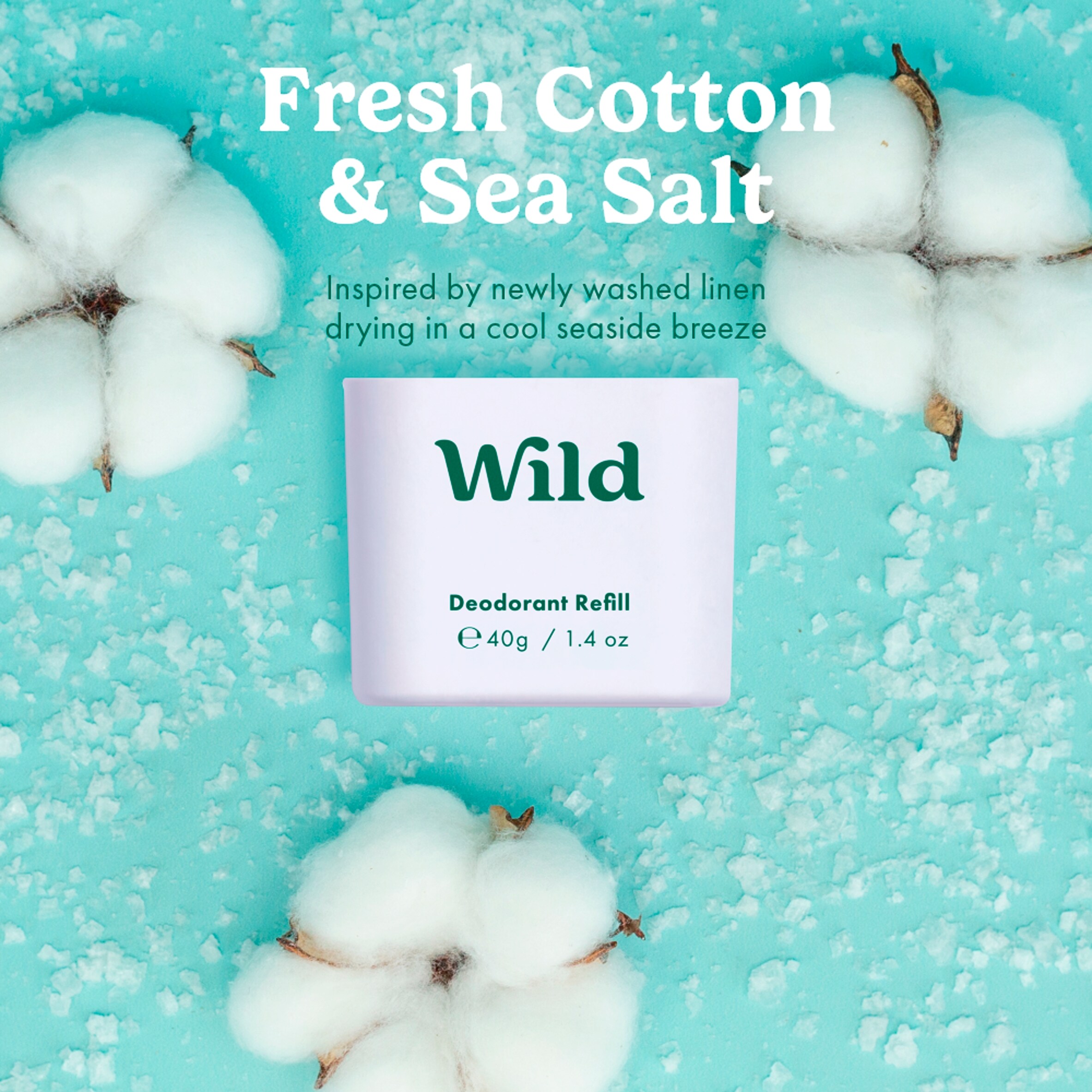 Wild Refillable Natural Deodorant - Fresh Cotton & Sea Salt 40g thumbnail 2