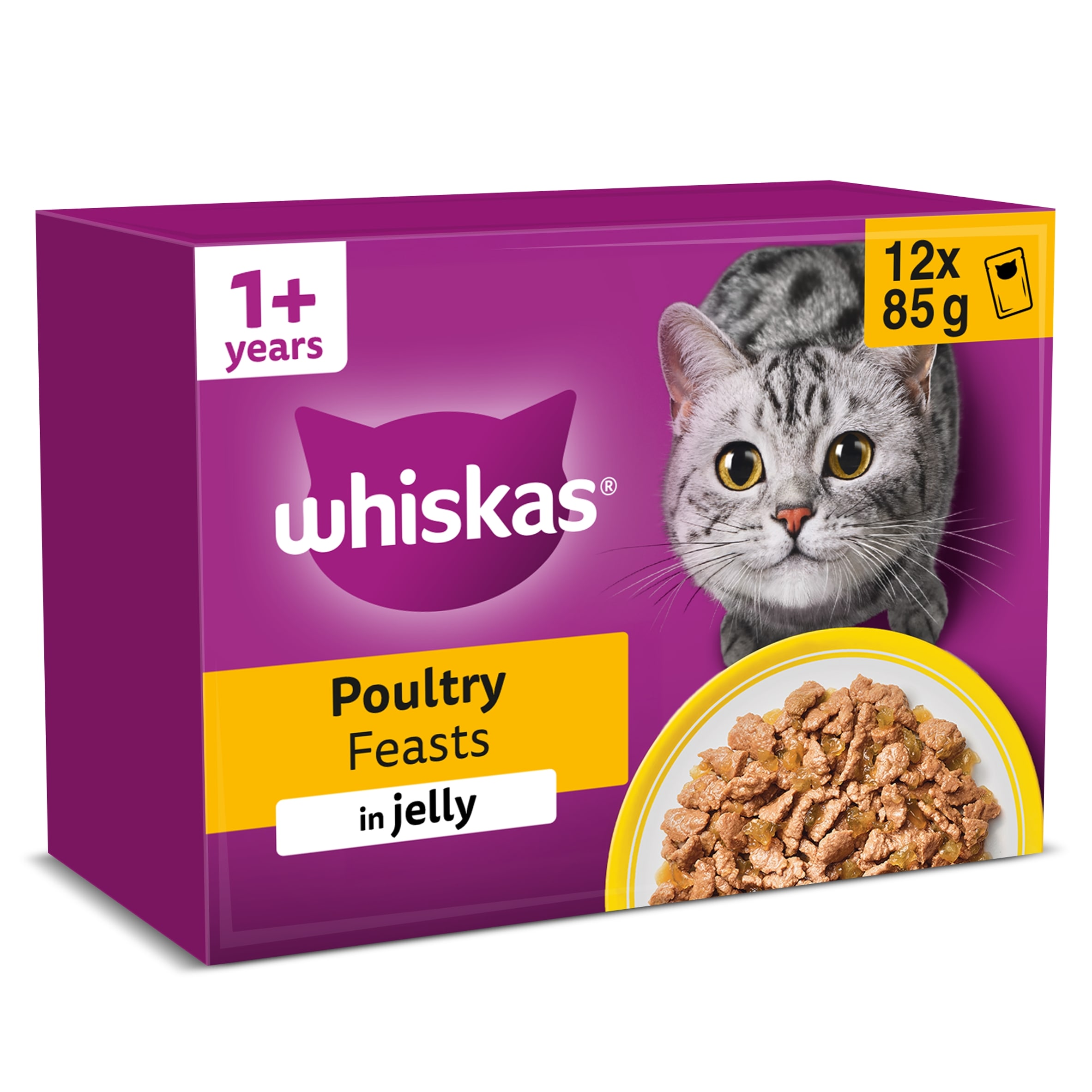 Whiskas Adult Wet Cat Food Pouches Poultry Feasts In Jelly 12x85g