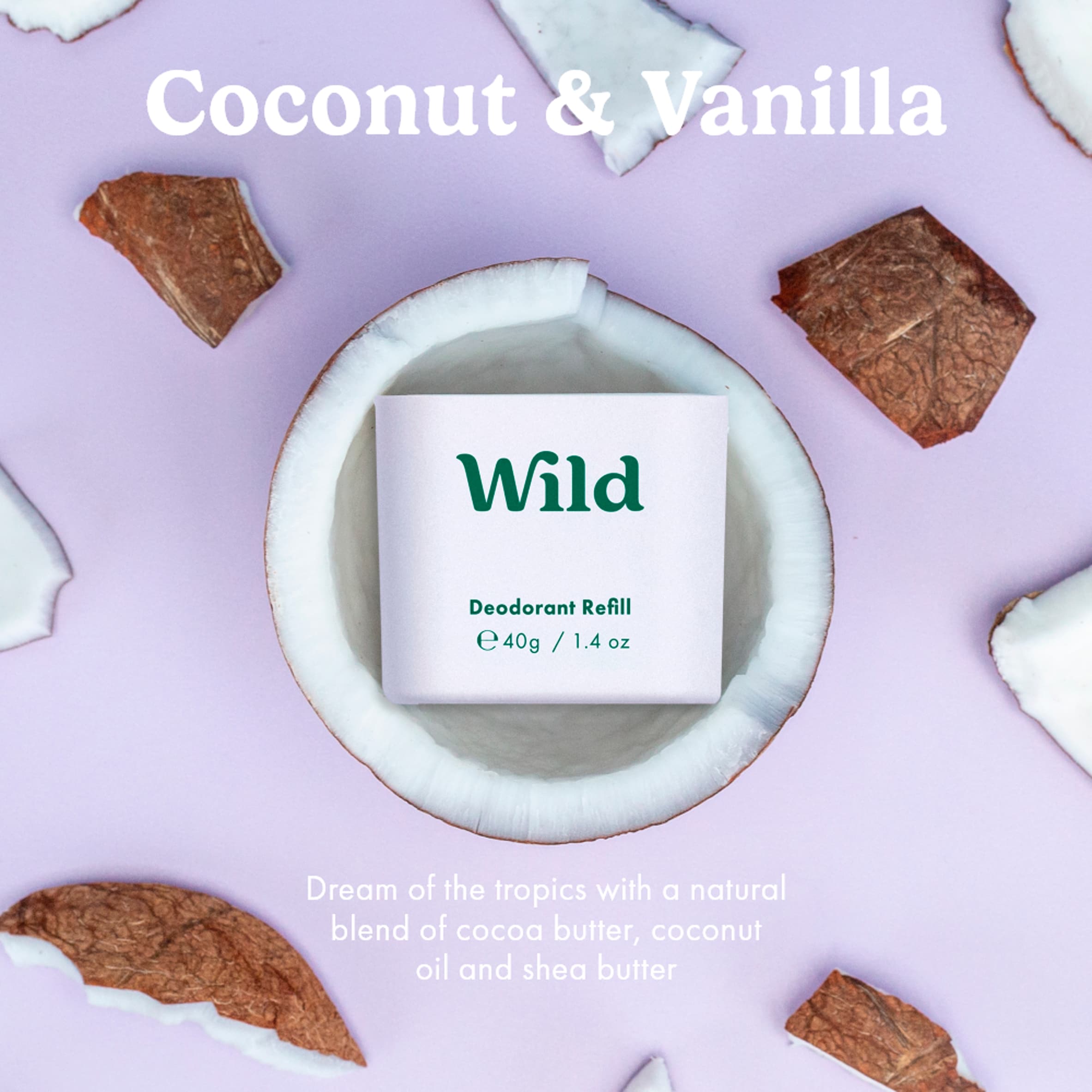 Wild Refillable Natural Deodorant - Coconut & Vanilla 40g thumbnail 2
