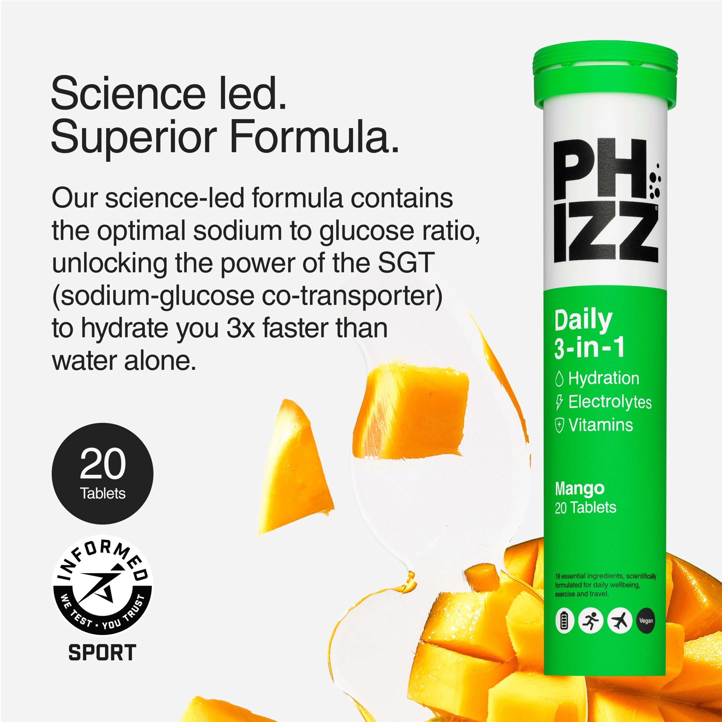 Phizz Daily 3-in-1 Mango Hydration, Electrolytes & Vitamins Effervescent Tablets x20 thumbnail 3