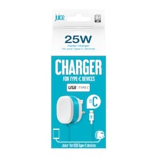 Juice 25W Mains Home Charger Plug With Integrated USB C Phone Charger Cable 1.5M White