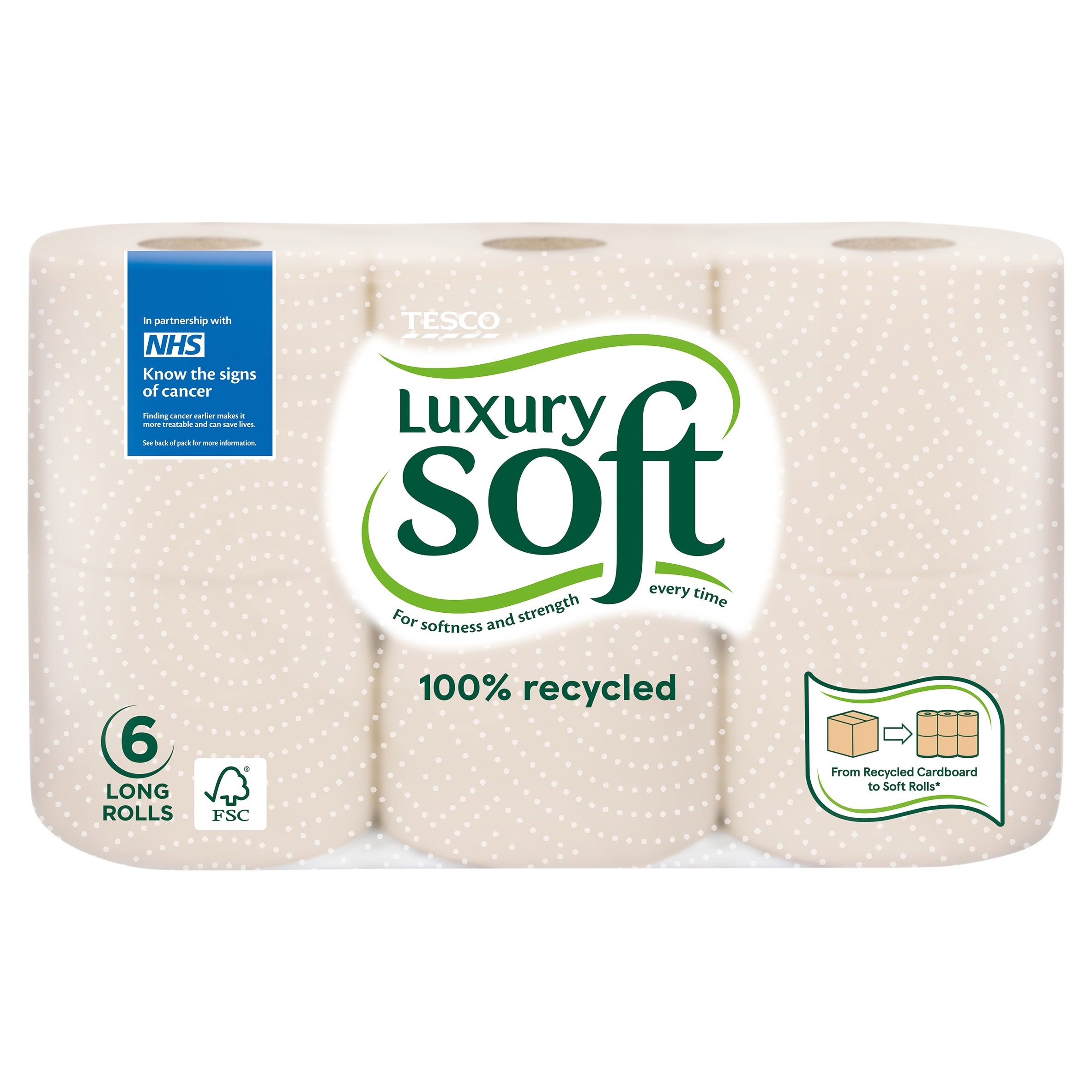 Tesco Luxury Soft 100% Recycled Toilet Tissue 6 Long Rolls