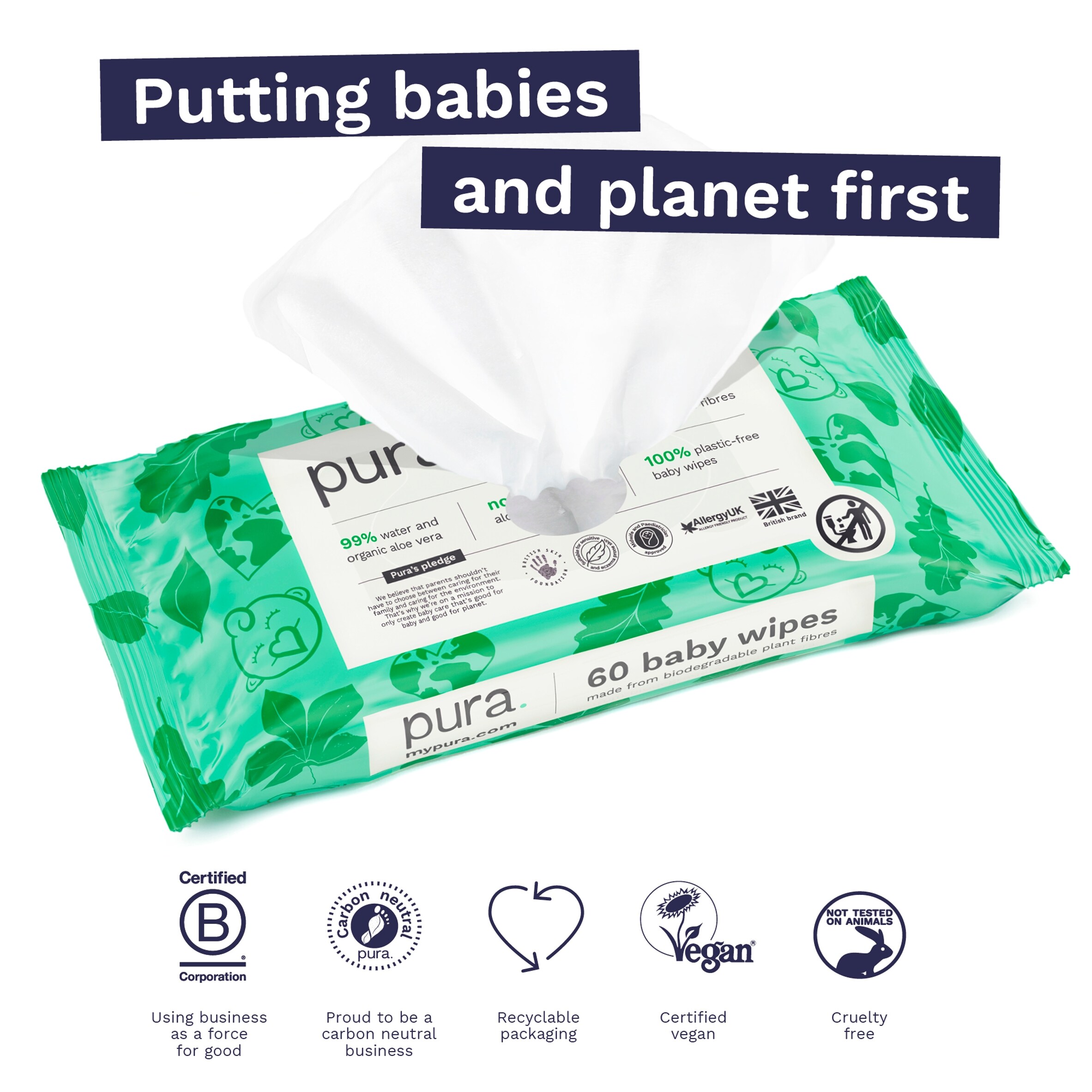 Pura Plastic Free Baby Wipes 3 x 60pk thumbnail 4