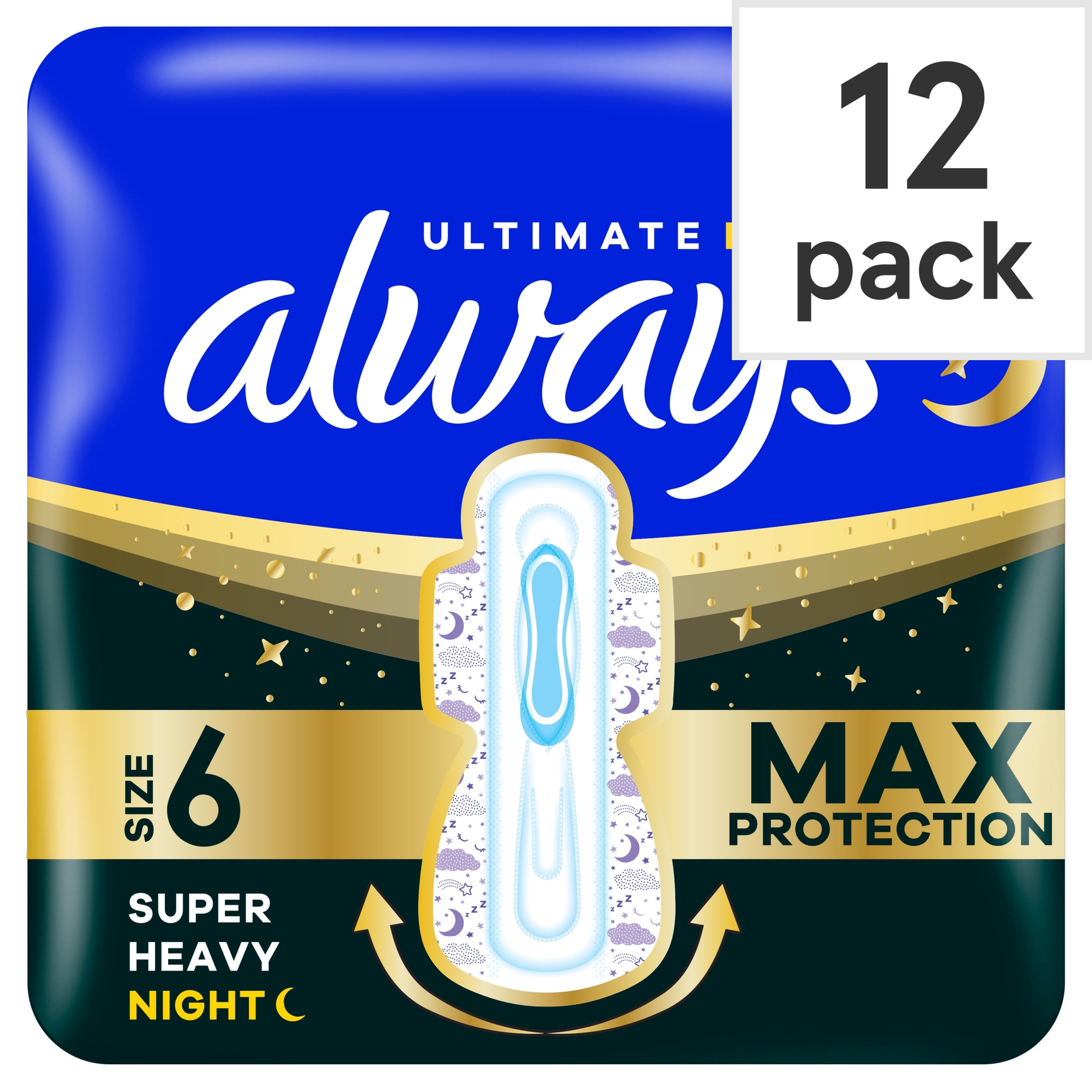 Always Ultra  Sanitary Towels Secure Ultimate Night (Size 6) With Wings 12 Pads