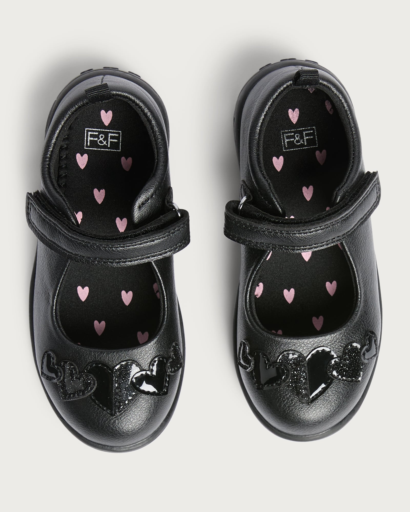 F&F School Girls Heart Detail Mary Jane Shoes in Black thumbnail 2