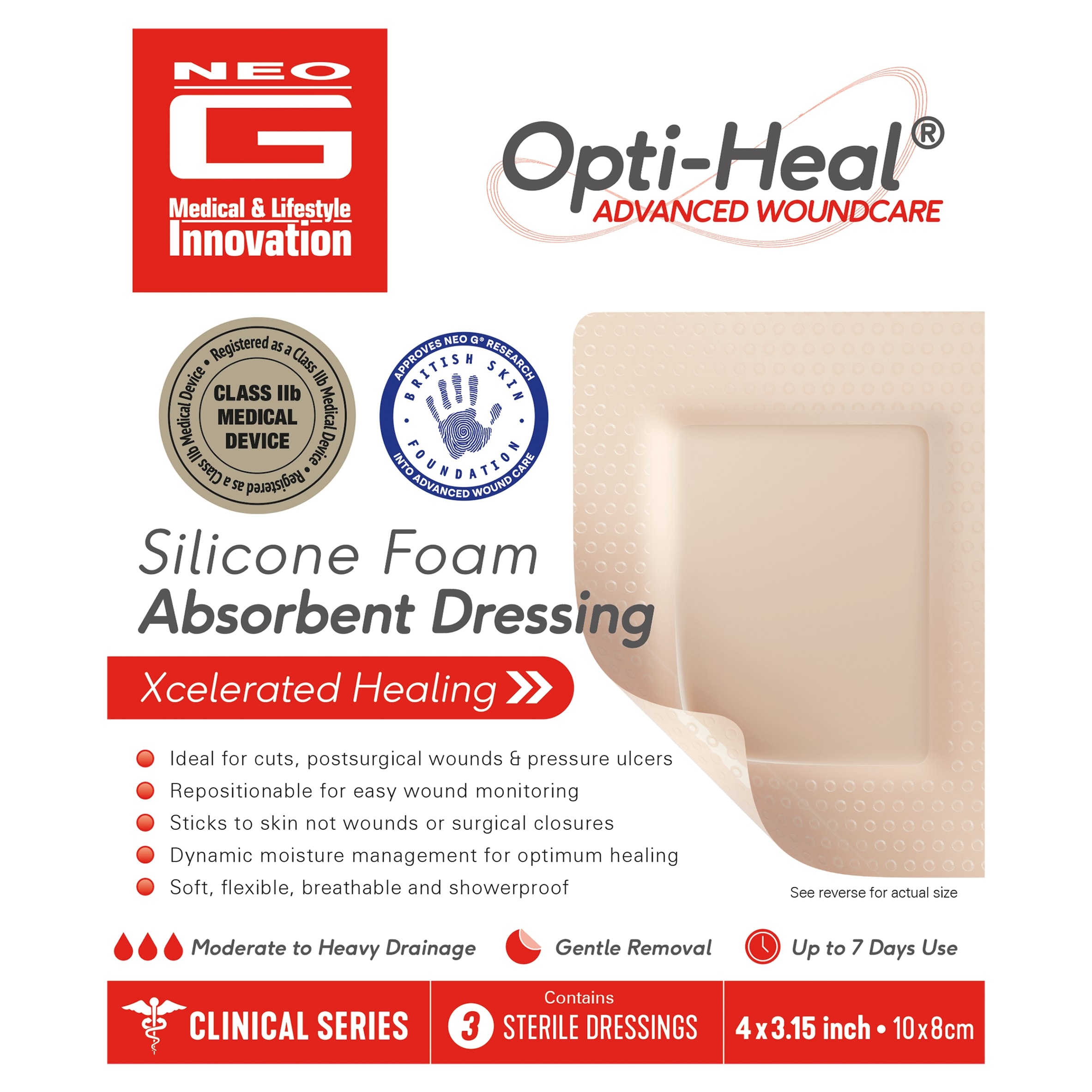 Neo G Opti-heal Silicone Foam Wound Dressing Pk3