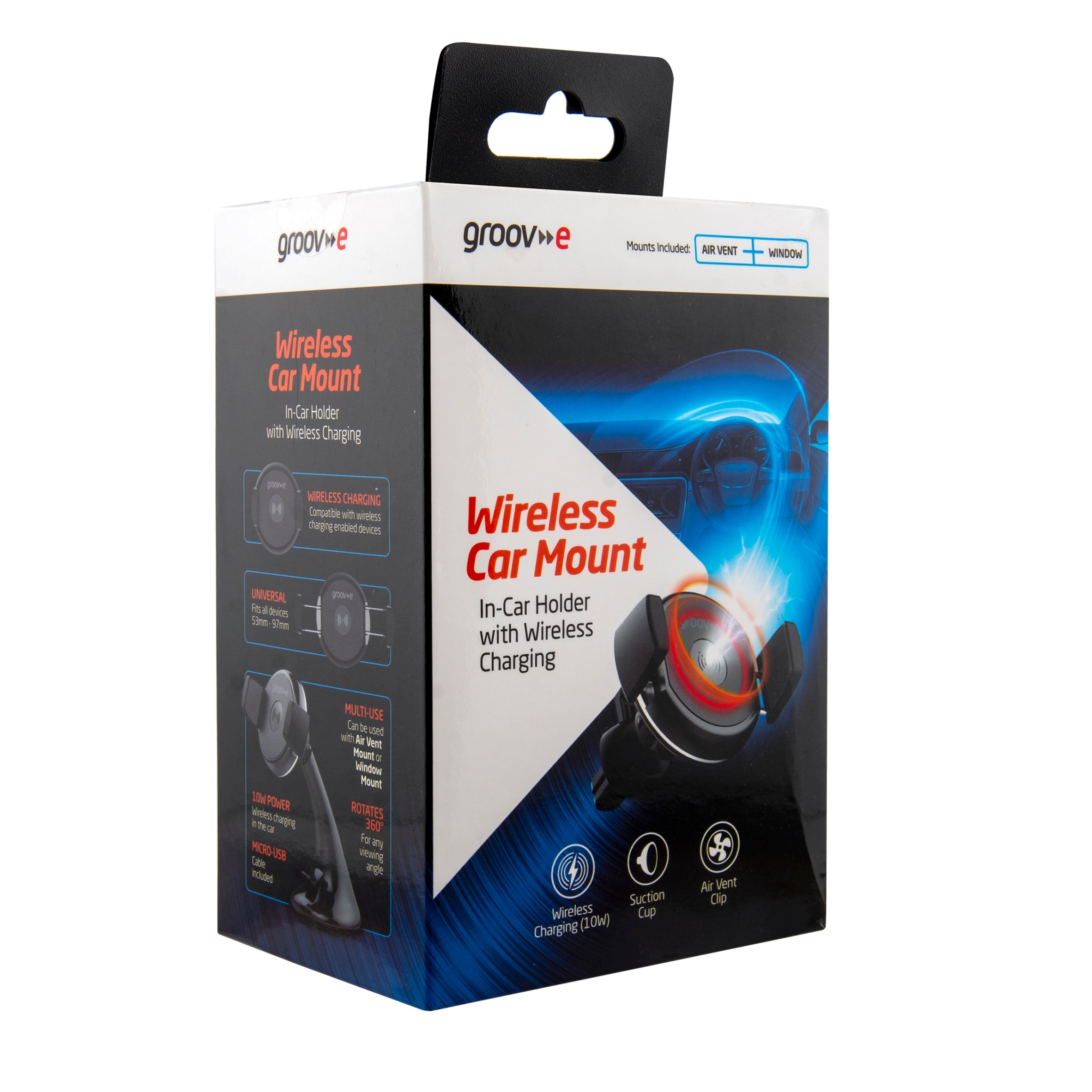 Groov-e GV-WM5 in Car Phone Holder & Wireless Charger Vacuum Suction or Vent Black