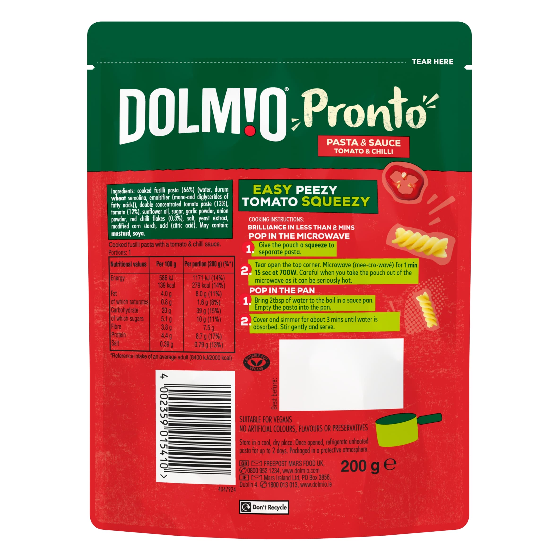 Dolmio Pronto Microwave Instant Pasta Meal Tomato and Chilli 200g thumbnail 5