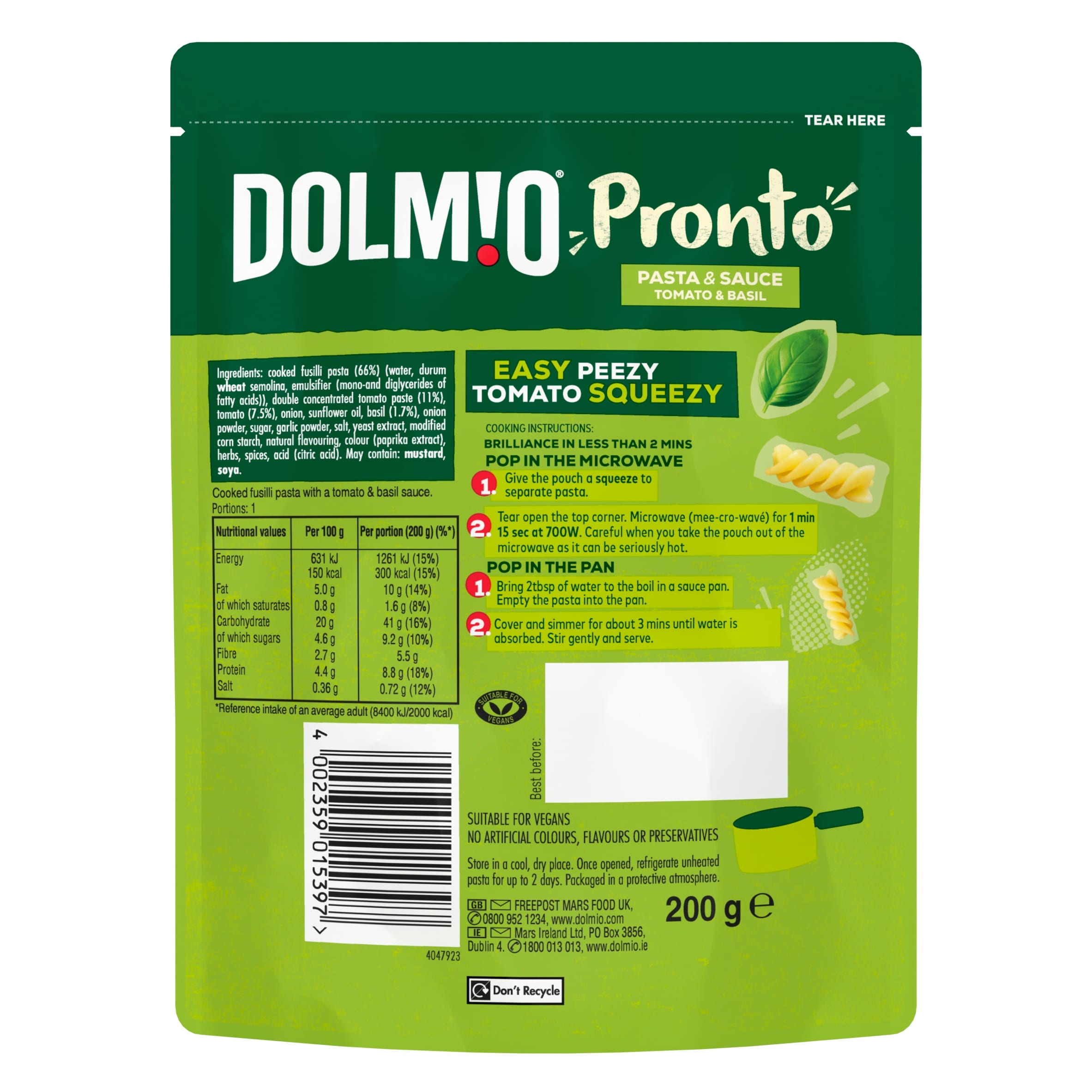 Dolmio Pronto Microwave Instant Pasta Meal Tomato and Basil 200g thumbnail 5