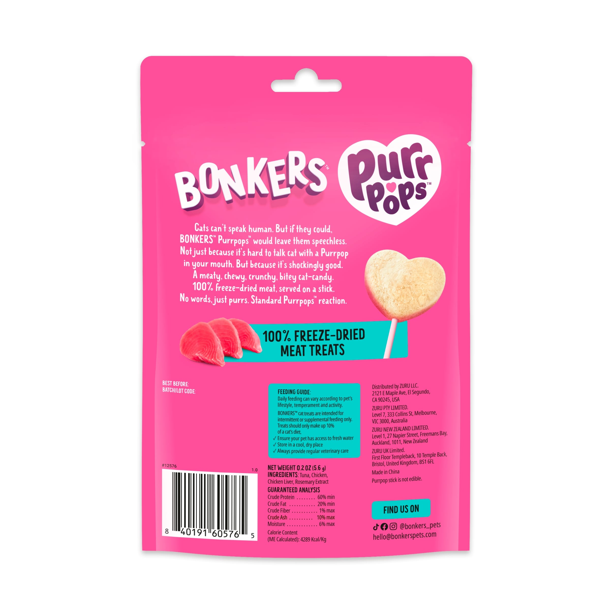 Bonkers Purrpops Freeze-Dried Cat Treats - Tip Top Tuna 4 Pack 5.6g thumbnail 2