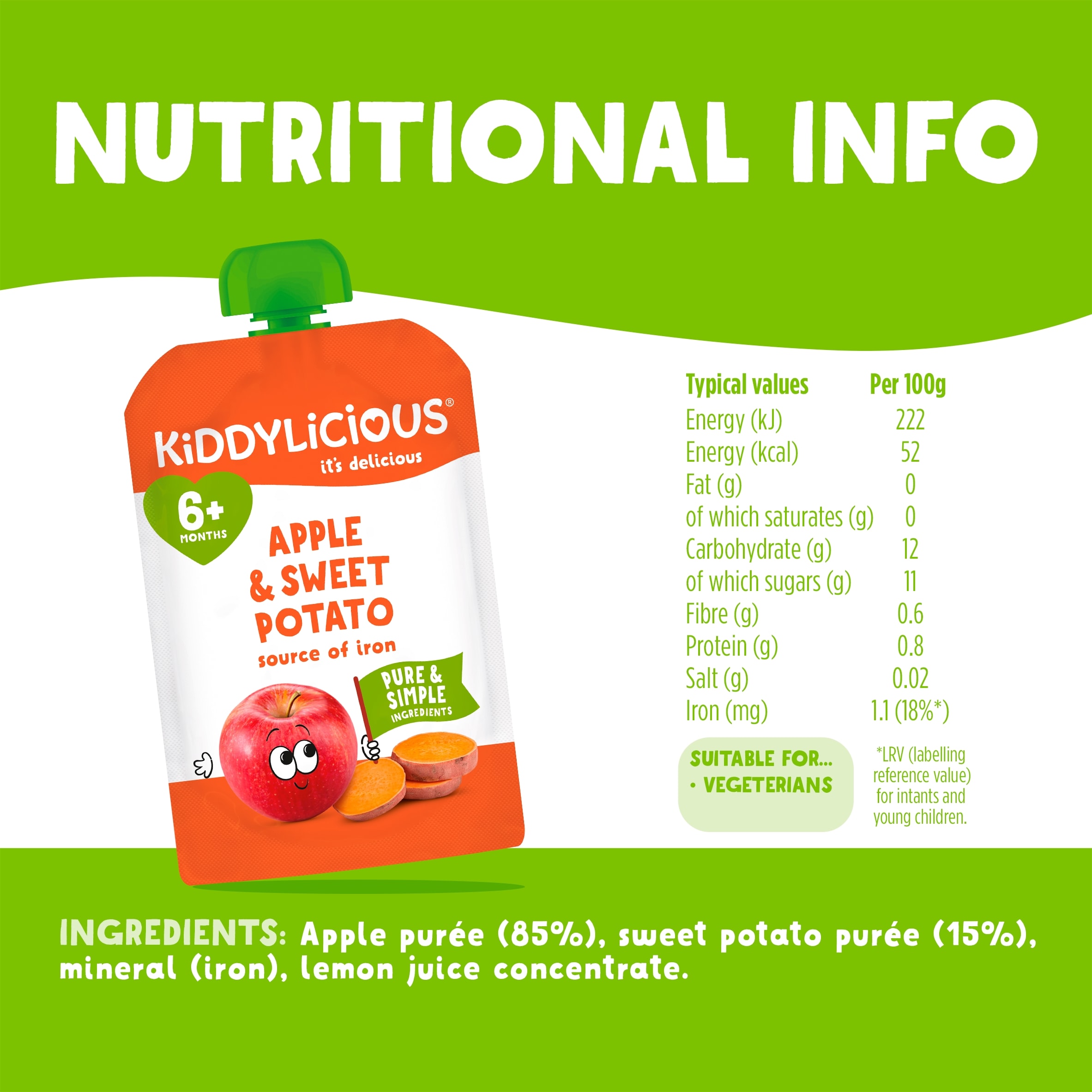 Kiddylicious Pouches Apple & Sweet Potato 6m+ 100g thumbnail 3