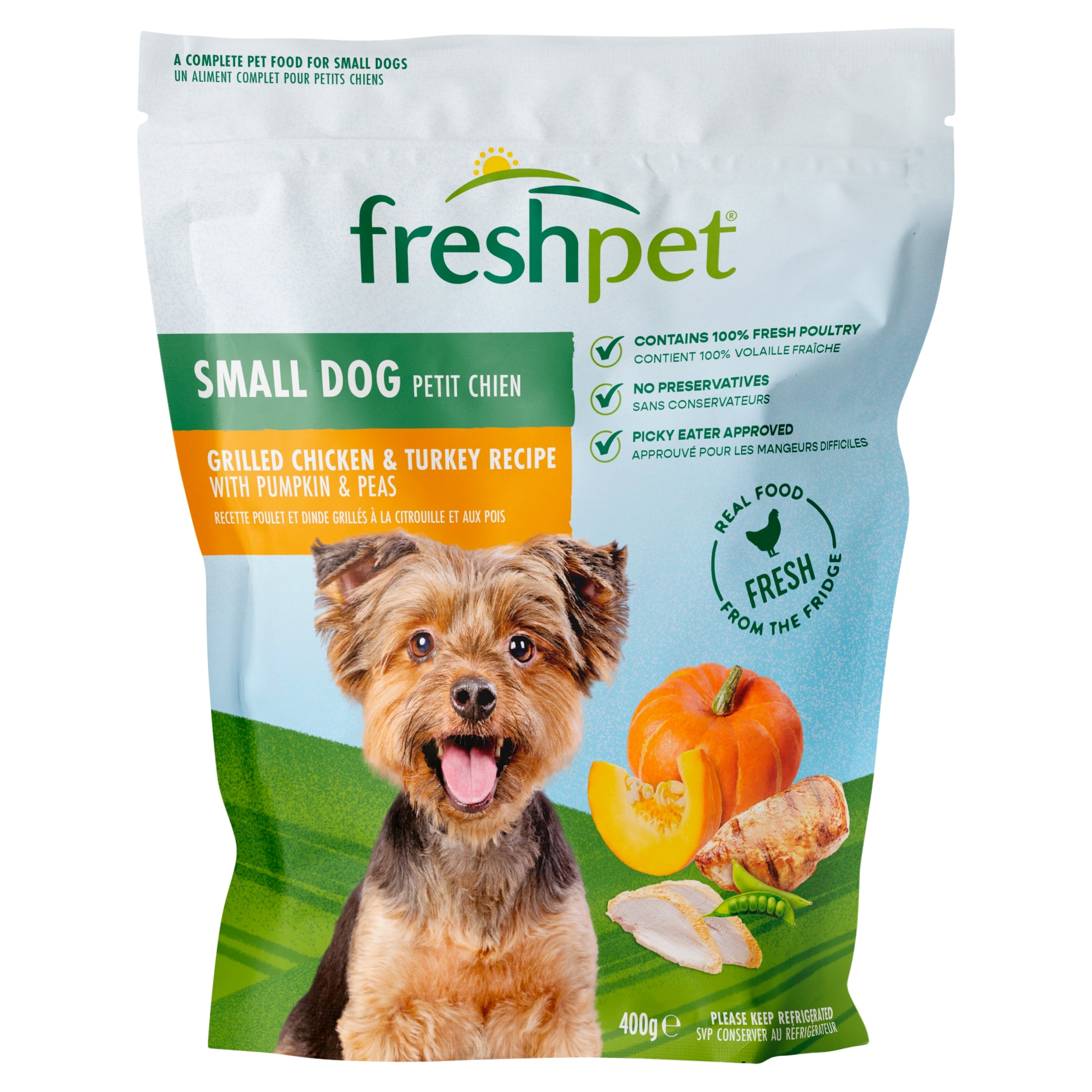 Freshpet Small Dog Grilled Chicken & Turkey with Pumpkin & Peas Fresh Dog Food 400g