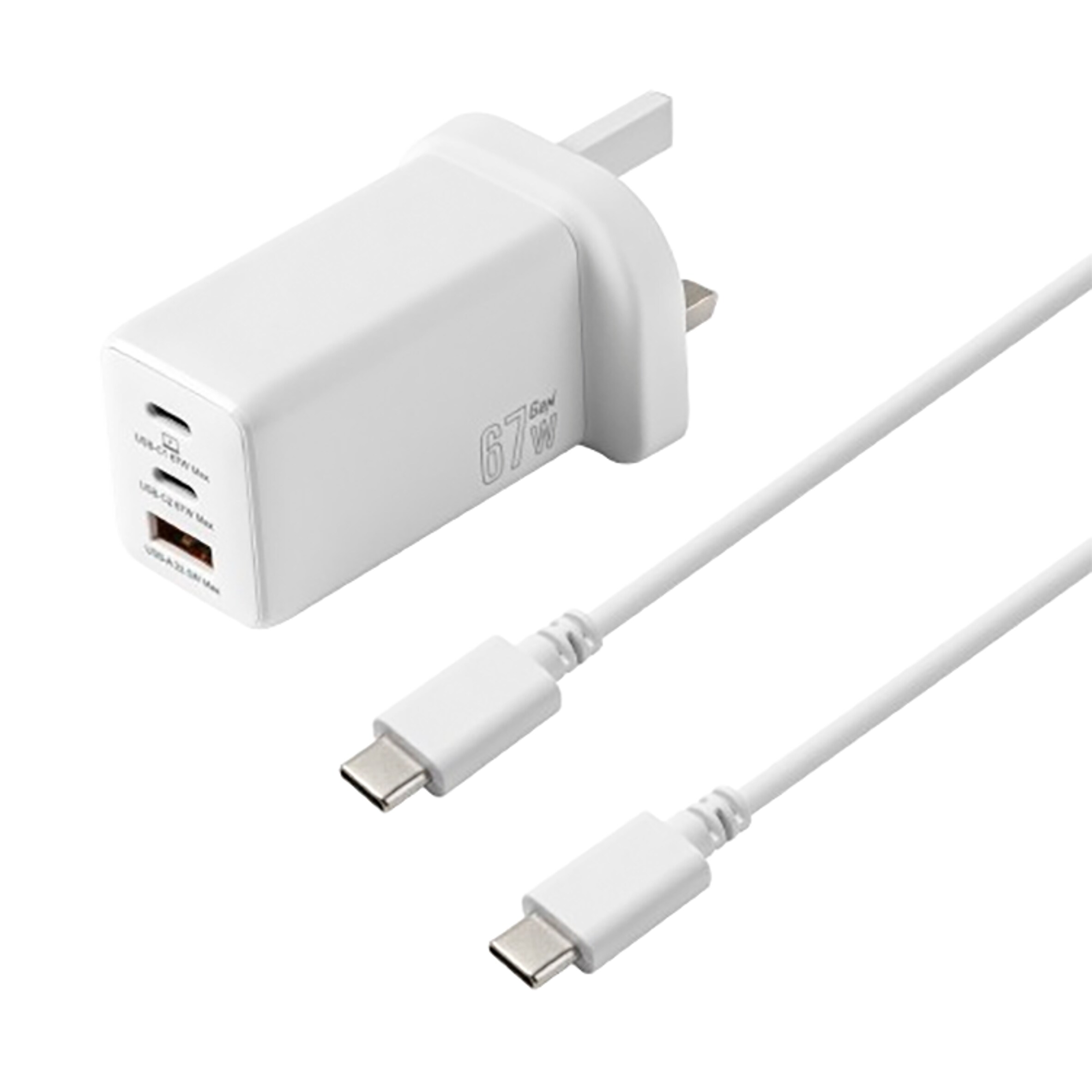 Tesco 67W 3 Port USB C and USB A PD GaN Mains Home Charger Plug With USB C Phone Charger Cable White