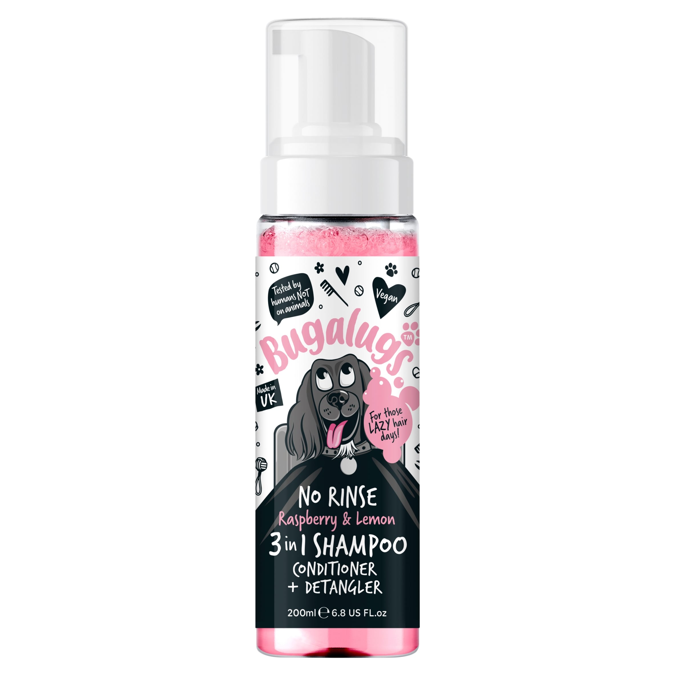 Bugalugs No Rinse 3 in 1 Dog Shampoo, Conditioner & Detangler with Raspberry & Lemon 200ml